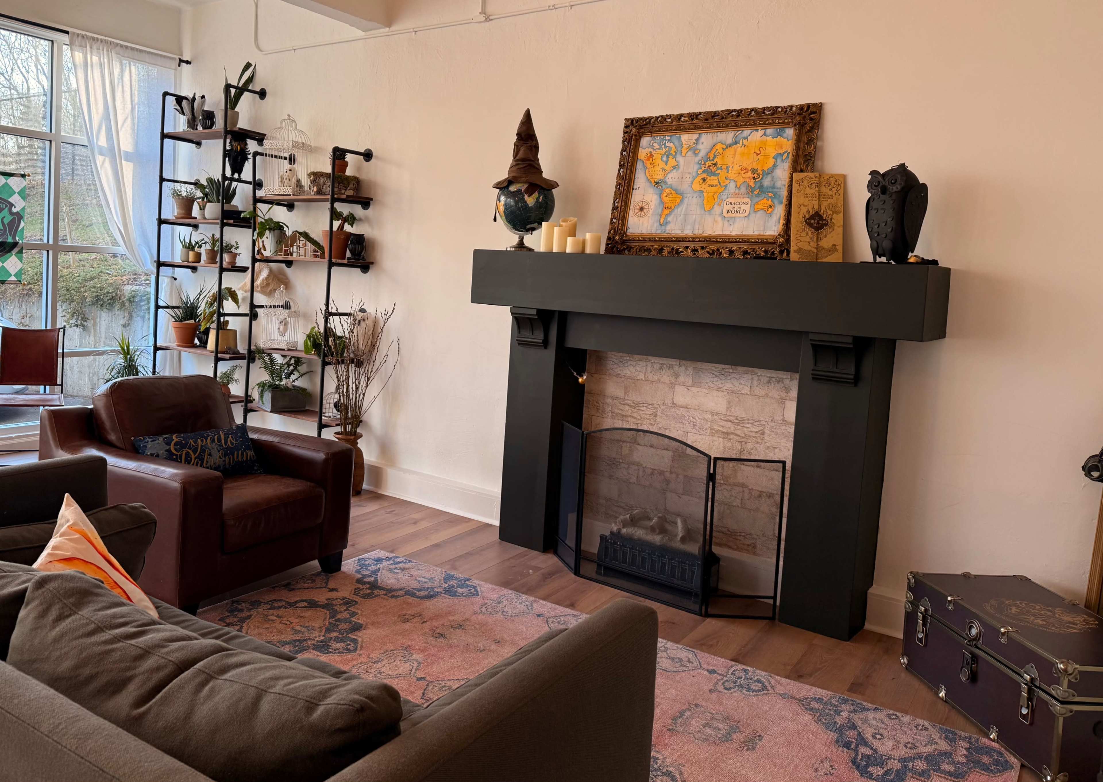 The image shows a living room featuring a fireplace with a world map above it, a large bookshelf filled with plants and decorative items, and two sofas in front of a patterned rug.