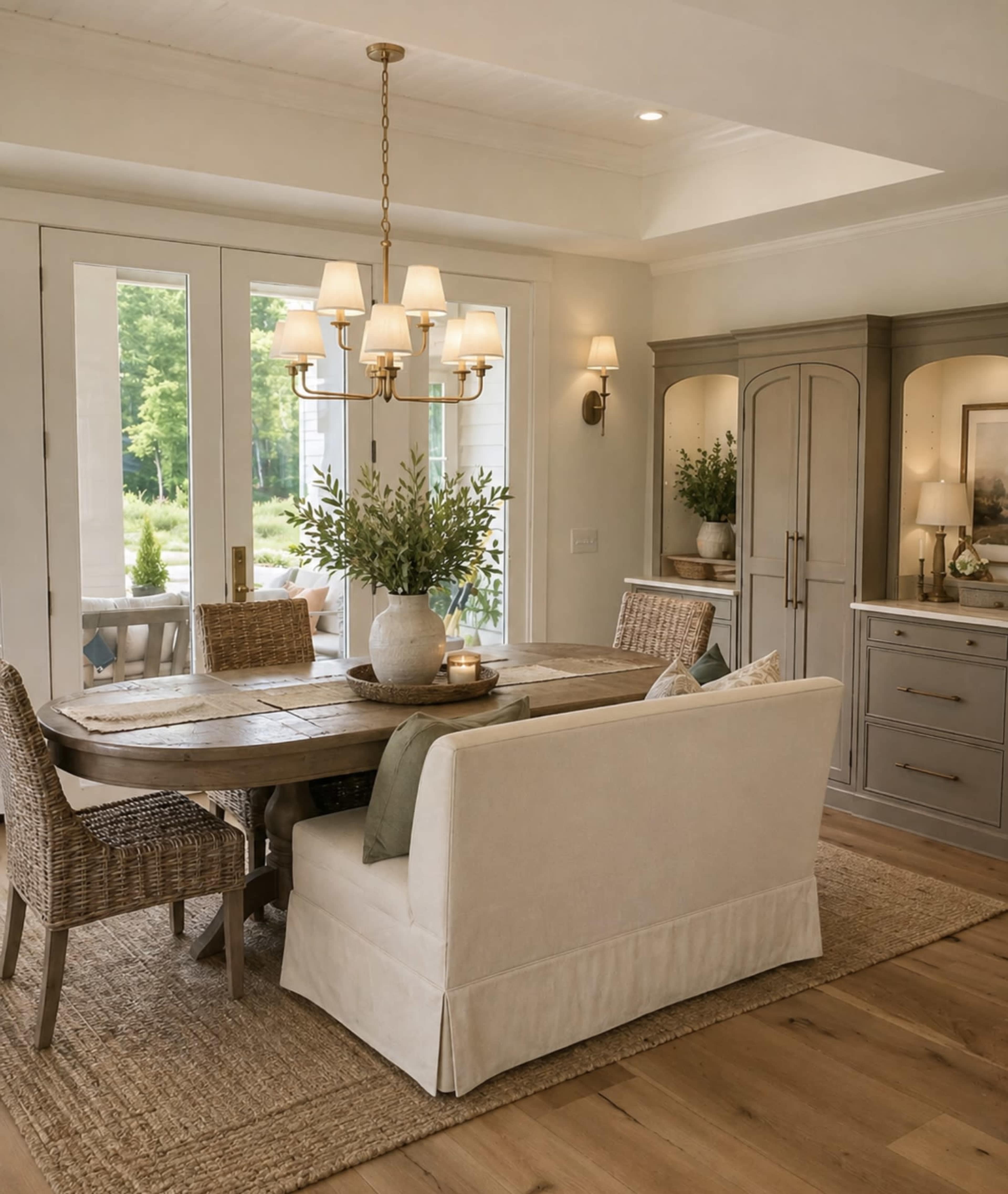A light-filled dining area features a round wooden table surrounded by woven chairs and a white upholstered bench, with a chandelier hanging above.