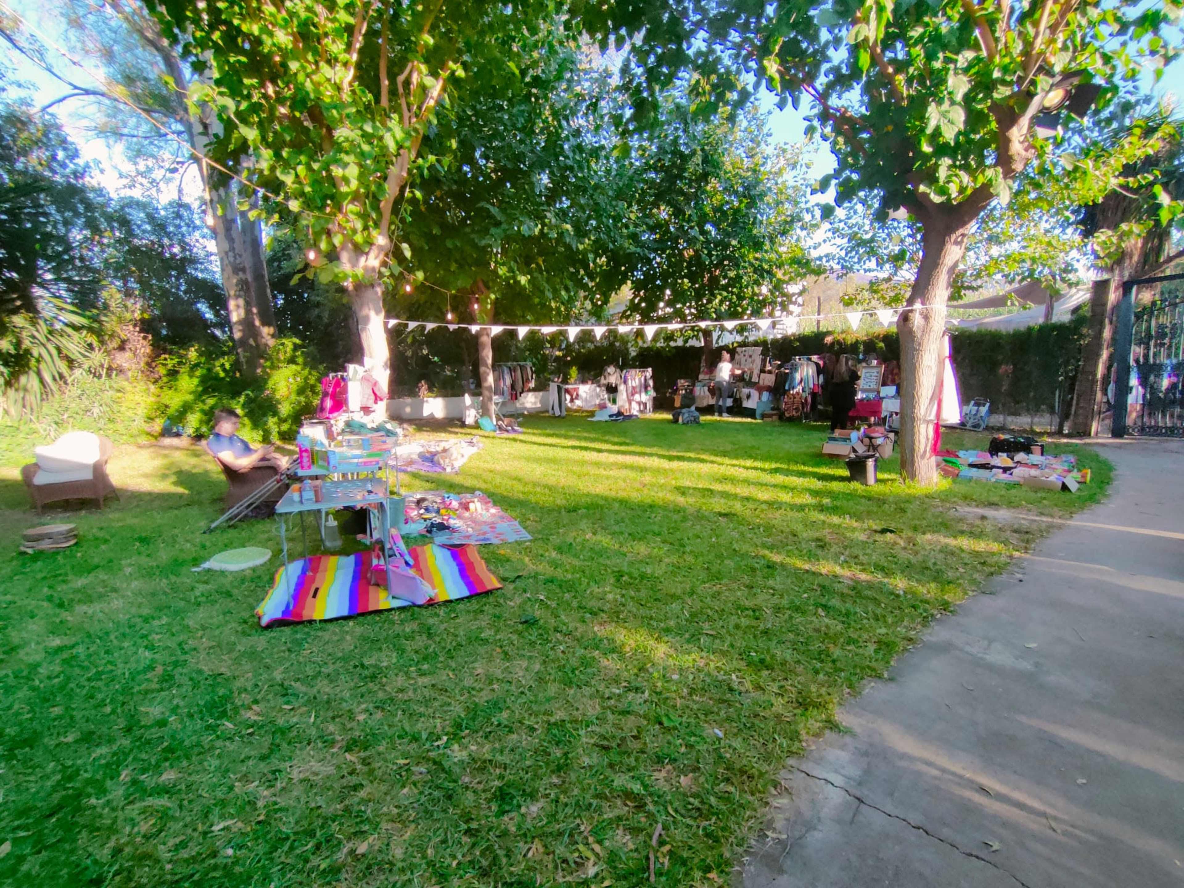 A grassy outdoor space with stalls and tables displaying various items, surrounded by trees and sunlight.