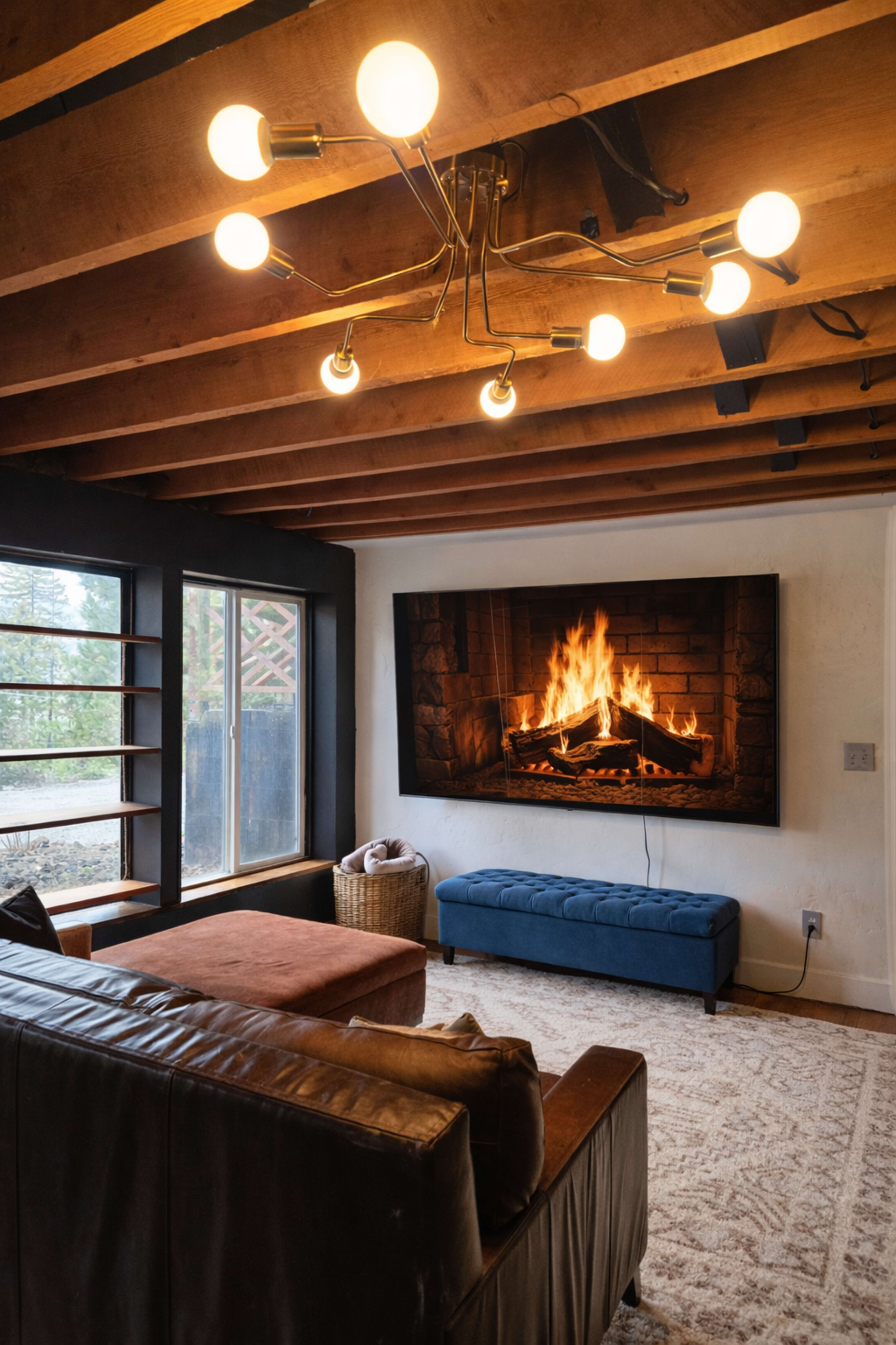 A cozy living room features a large television displaying a fireplace, with a brown leather sofa, an orange ottoman, and a blue bench against the wall.