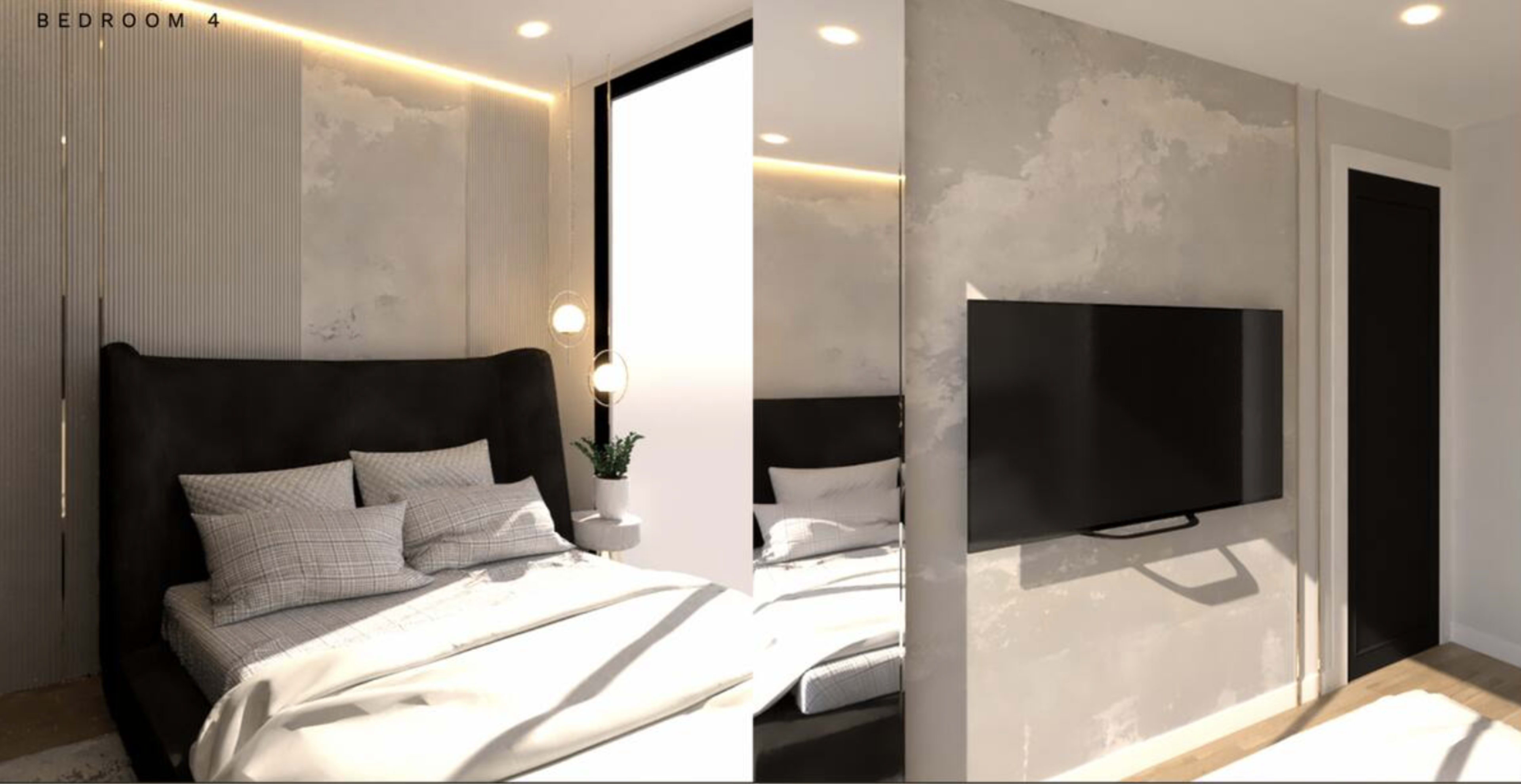 The image features a modern bedroom with a large bed, a flat-screen TV mounted on the wall, and a combination of neutral colors and minimalist decor.
