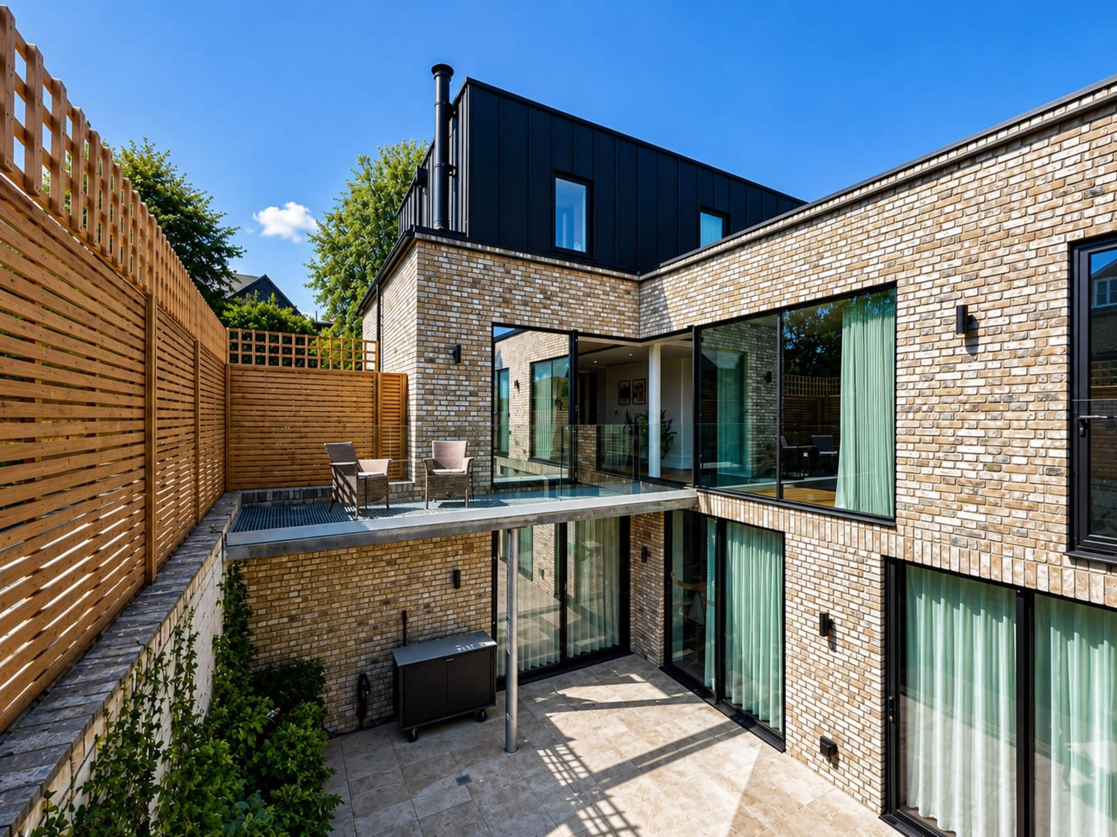 Architect Designed Modern Home with Panoramic Glass, Sunken Courtyard, Feature Brick Wall and Log Burner Image in London, London, ENG