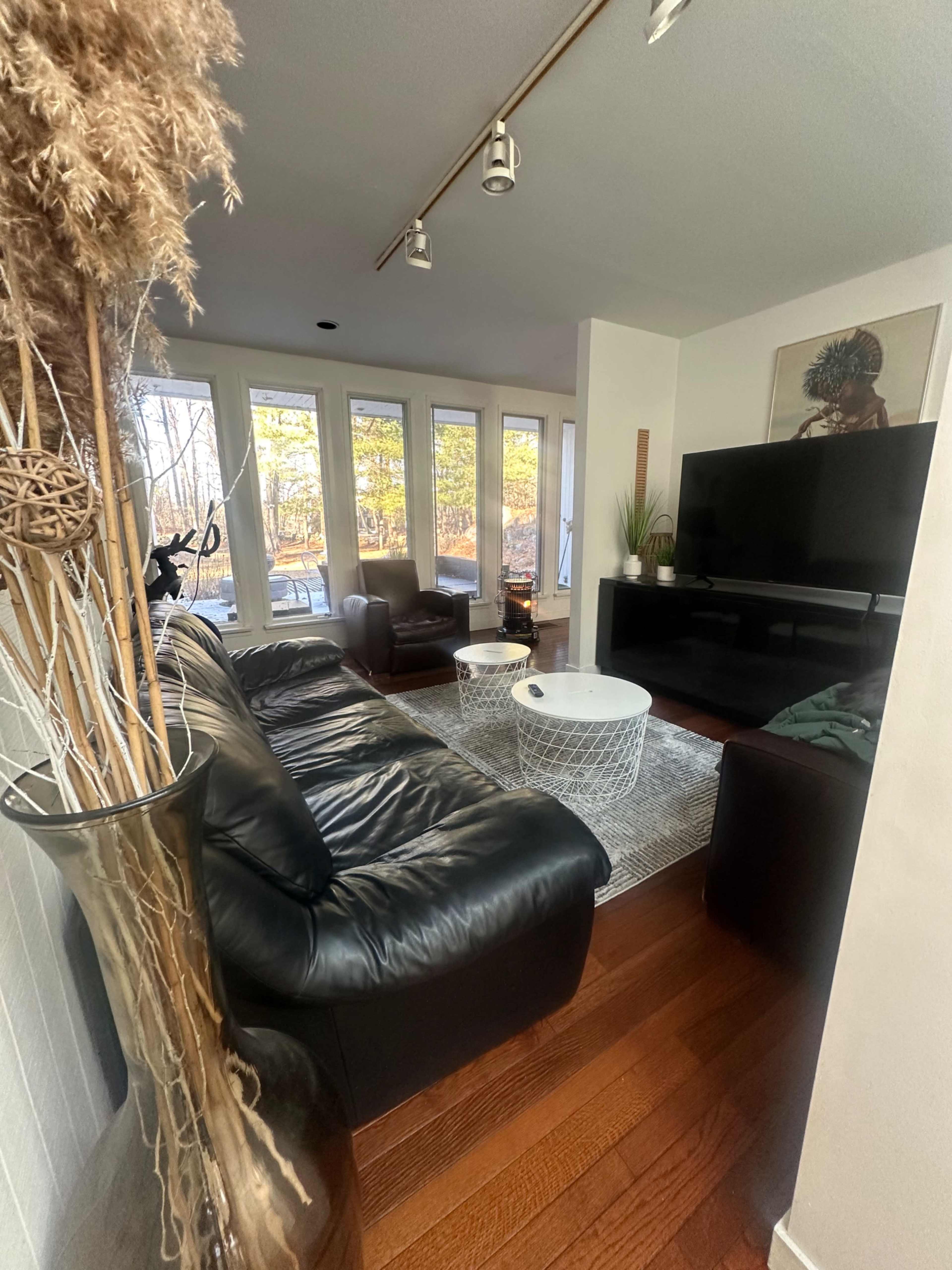 A modern living room features a black leather sofa, a white coffee table, and large windows that provide a view of a wooded area.