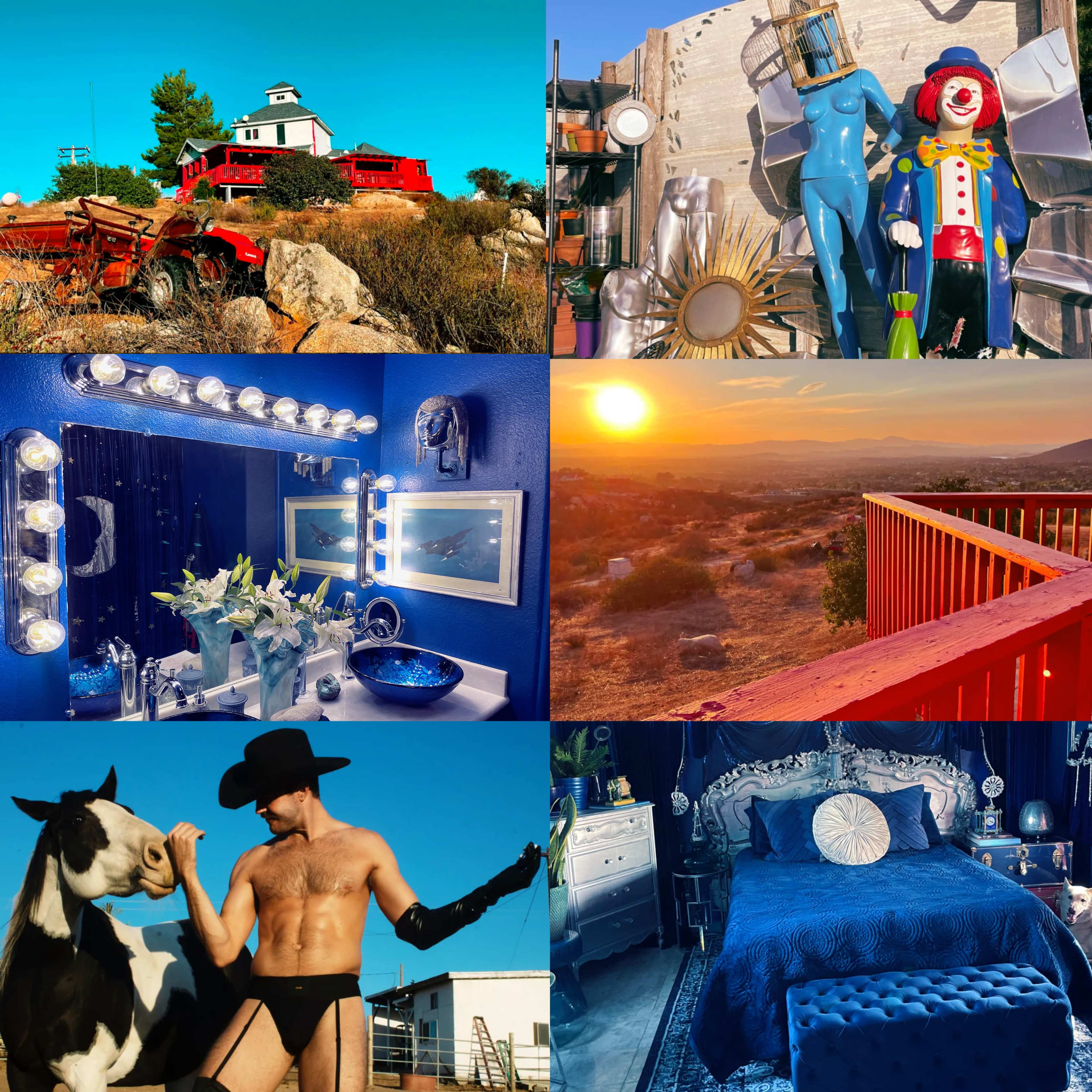 The image collage features four scenes: a red farmhouse with an old tractor, colorful artistic sculptures including a clown and a female figure, a bathroom with bright blue walls and floral decor, a sunset view from a balcony, a man in a cowboy hat posing with a horse, and a luxurious bedroom designed in