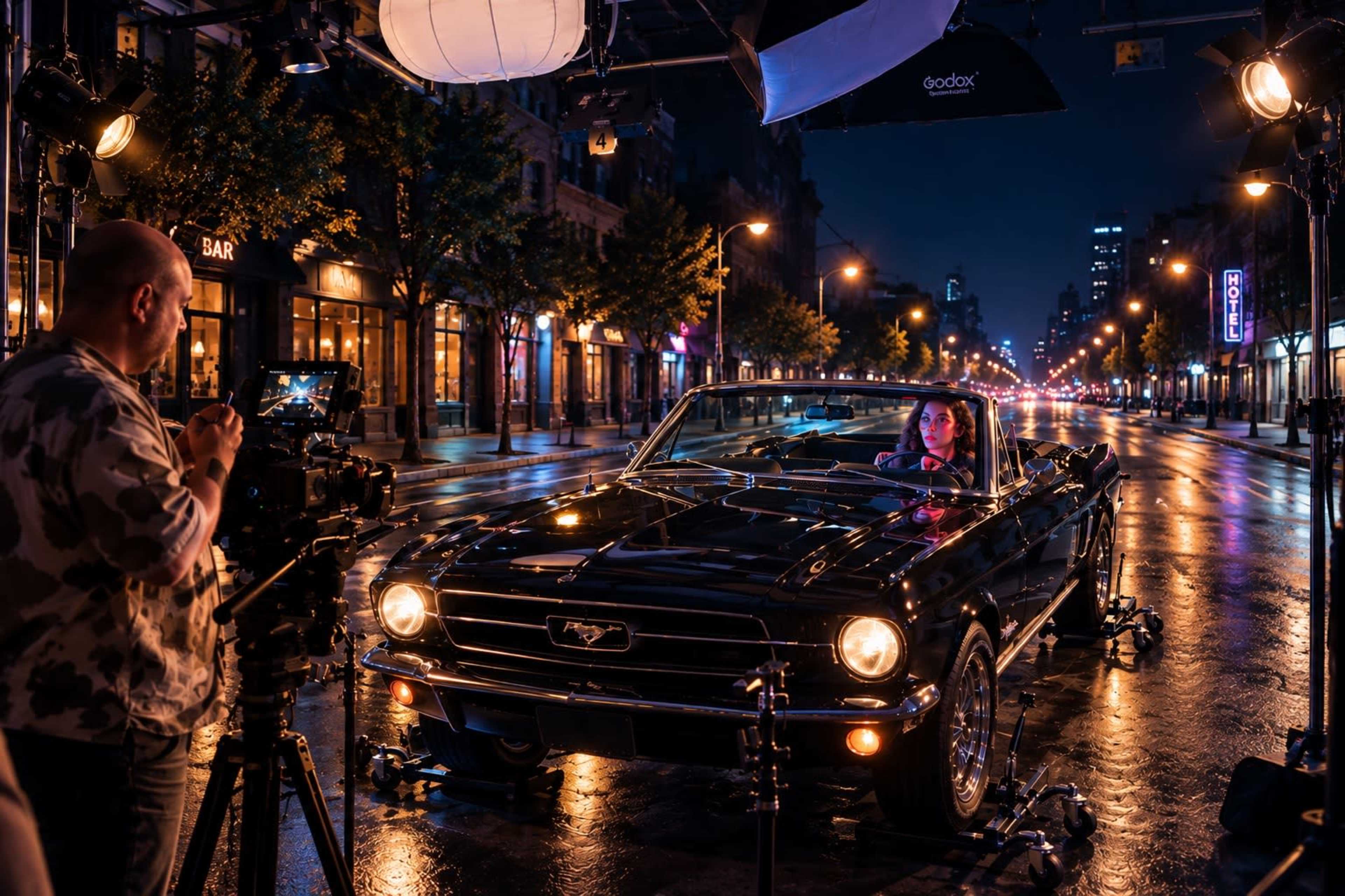 A film crew shoots a night scene featuring a woman in a classic black convertible parked on a wet city street illuminated by streetlights.