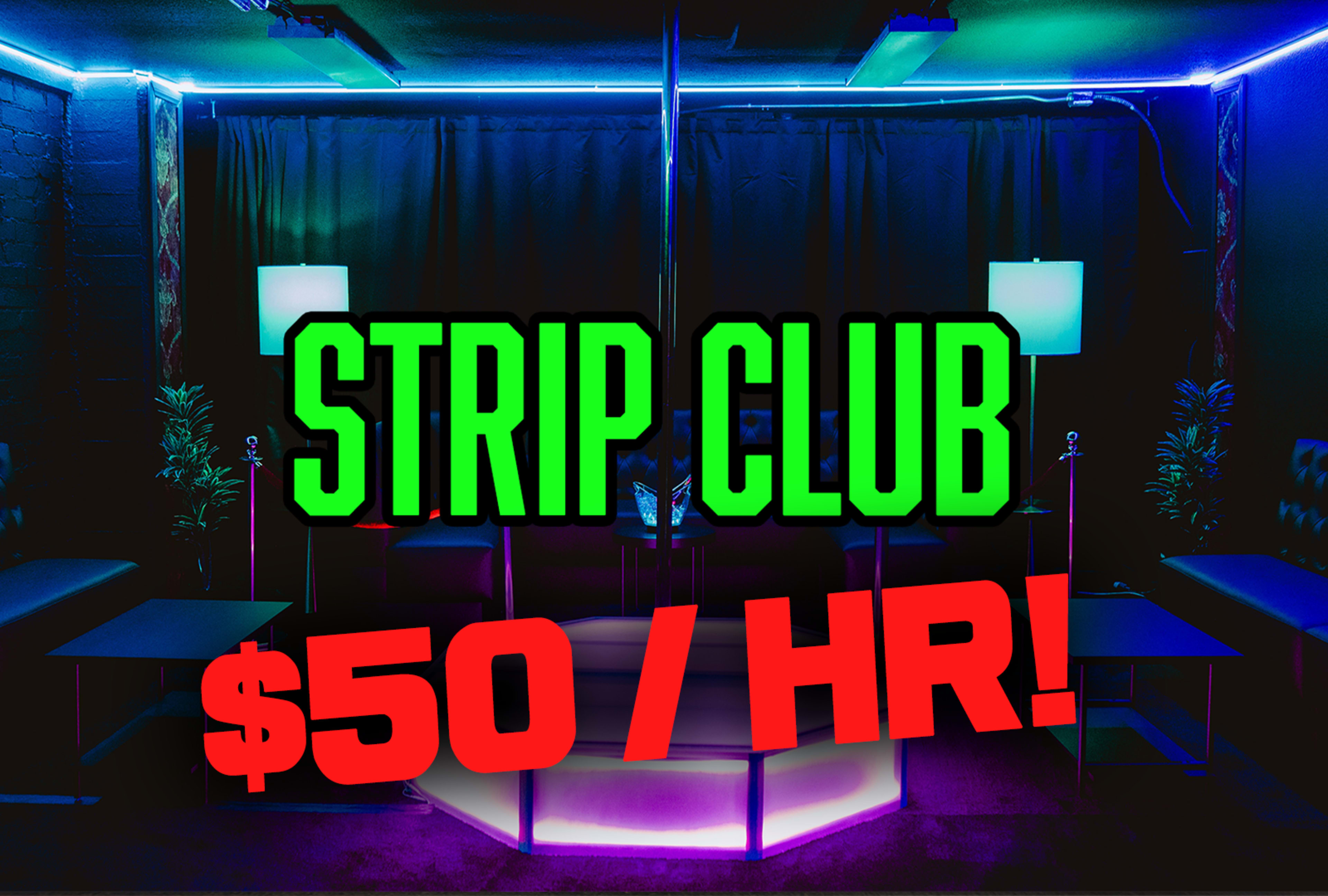 The image shows an interior of a dimly lit club featuring a central pole, seating areas, and neon lighting.