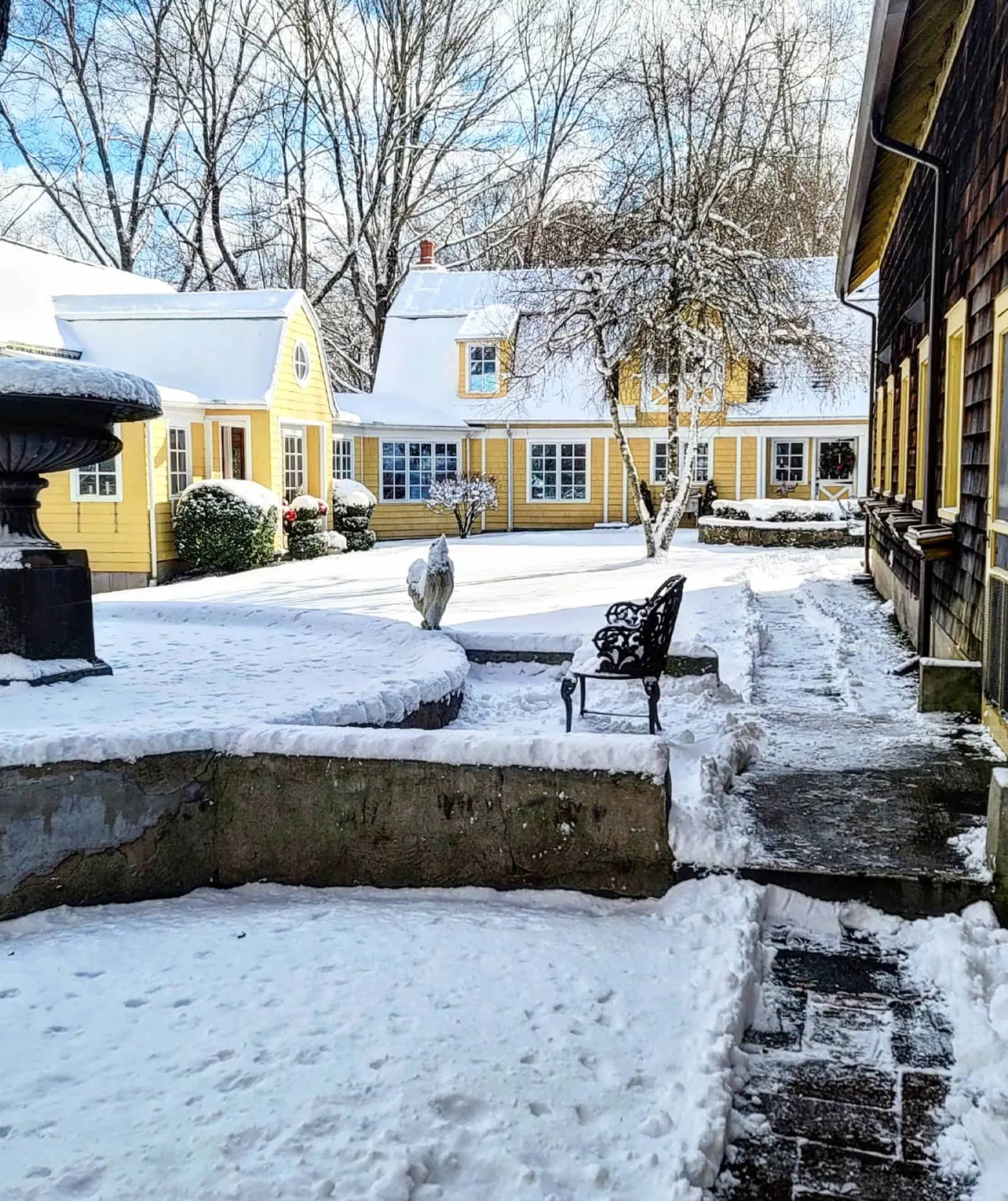 A snow-covered courtyard features yellow houses, a stone bench, and a fountain surrounded by trees.