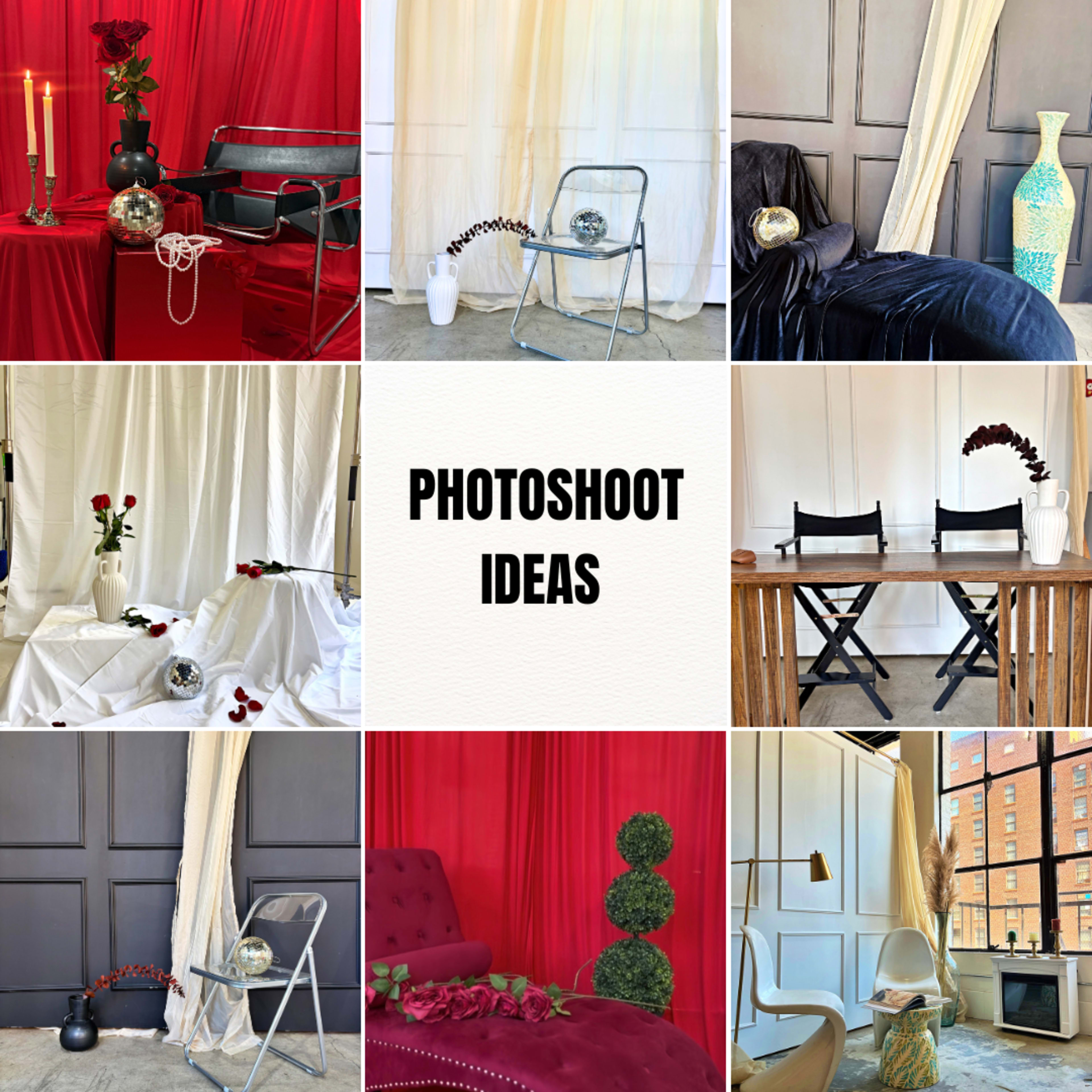 The image showcases a grid of various photoshoot setups featuring different backdrops, props, and arrangements, including flowers, vases, and furniture.