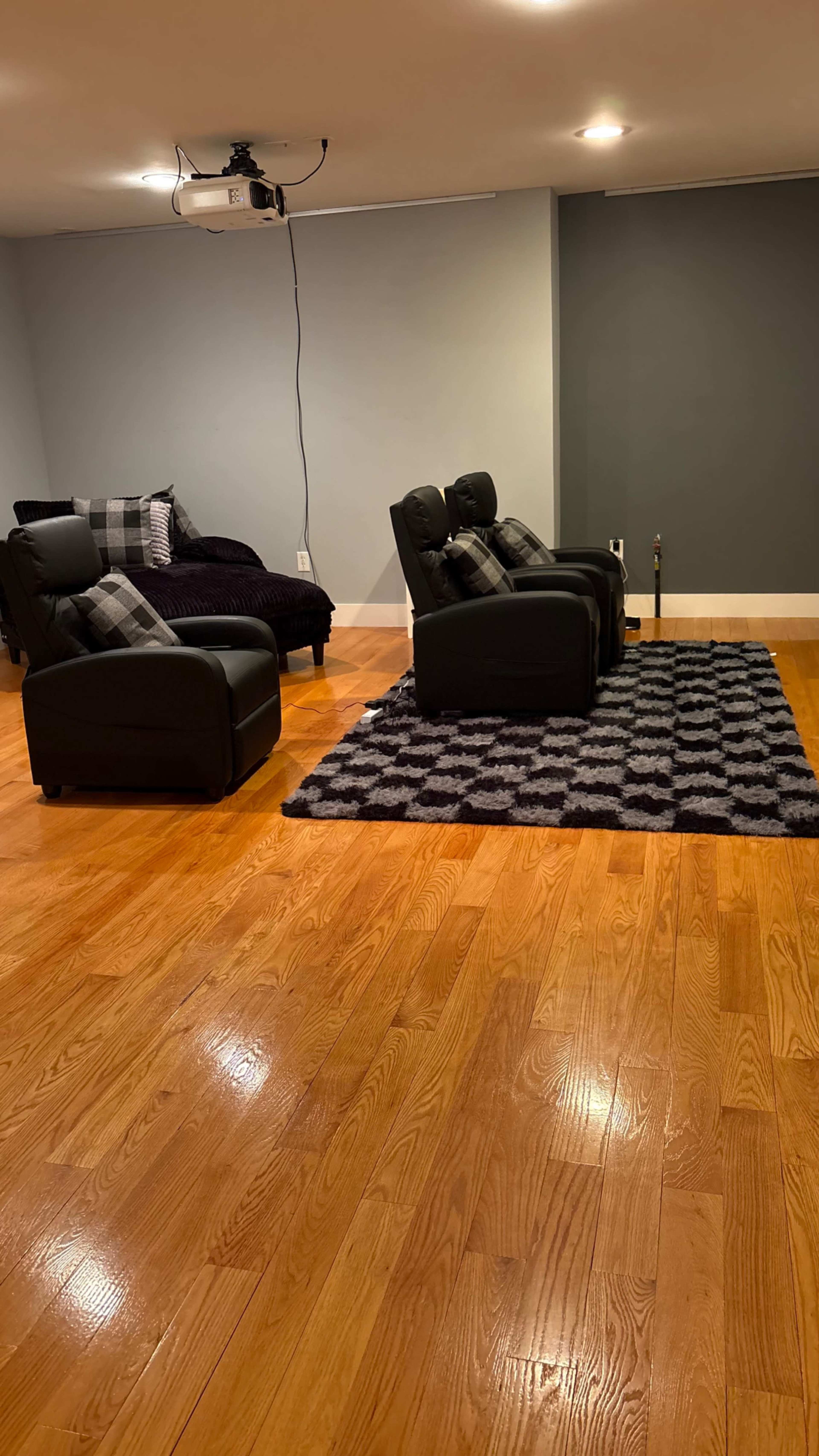 The image shows a room with hardwood floors featuring a black rug, reclining chairs positioned toward a blank wall, and a couch in the background.
