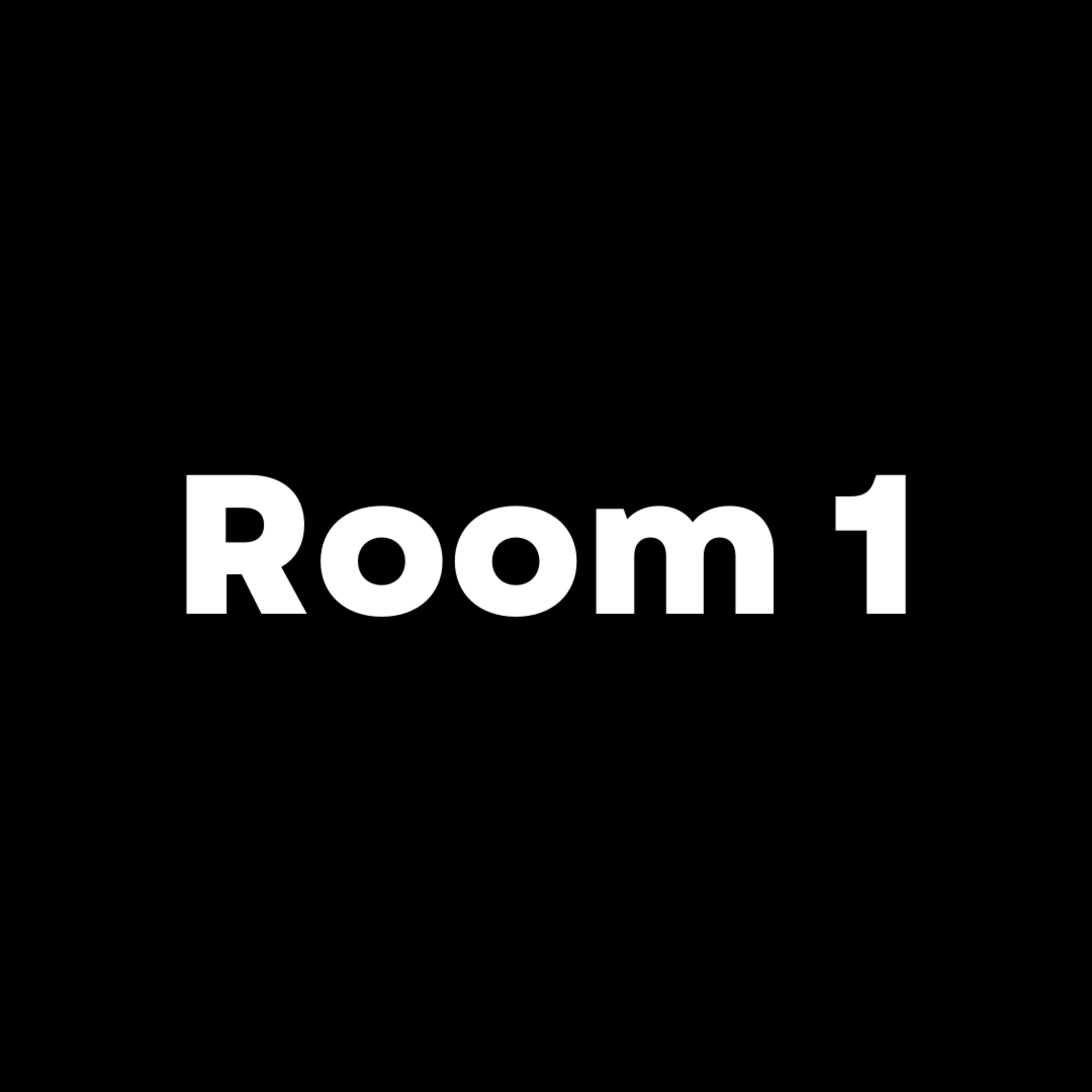The image displays the text "Room 1" in large, bold white font against a black background.
