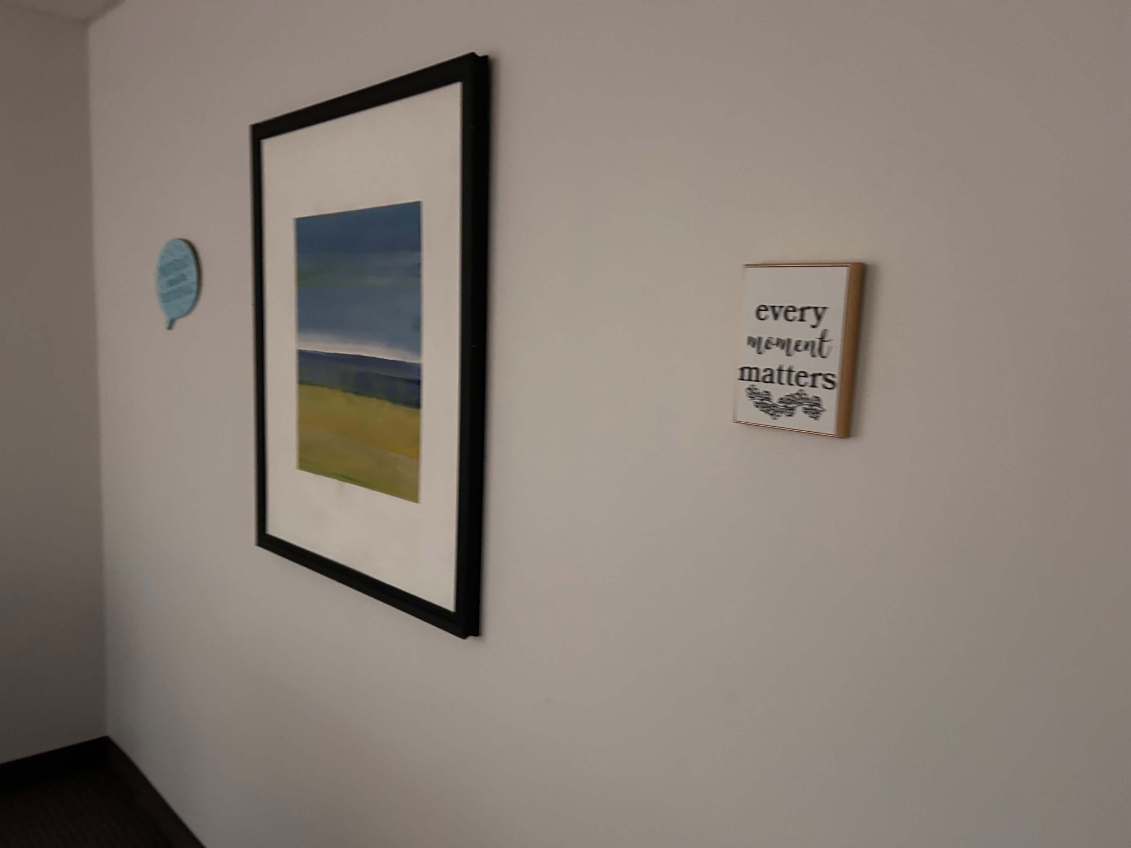 The image shows a hallway featuring a framed painting of a landscape and a small wooden sign that reads "every moment matters" mounted on the wall.