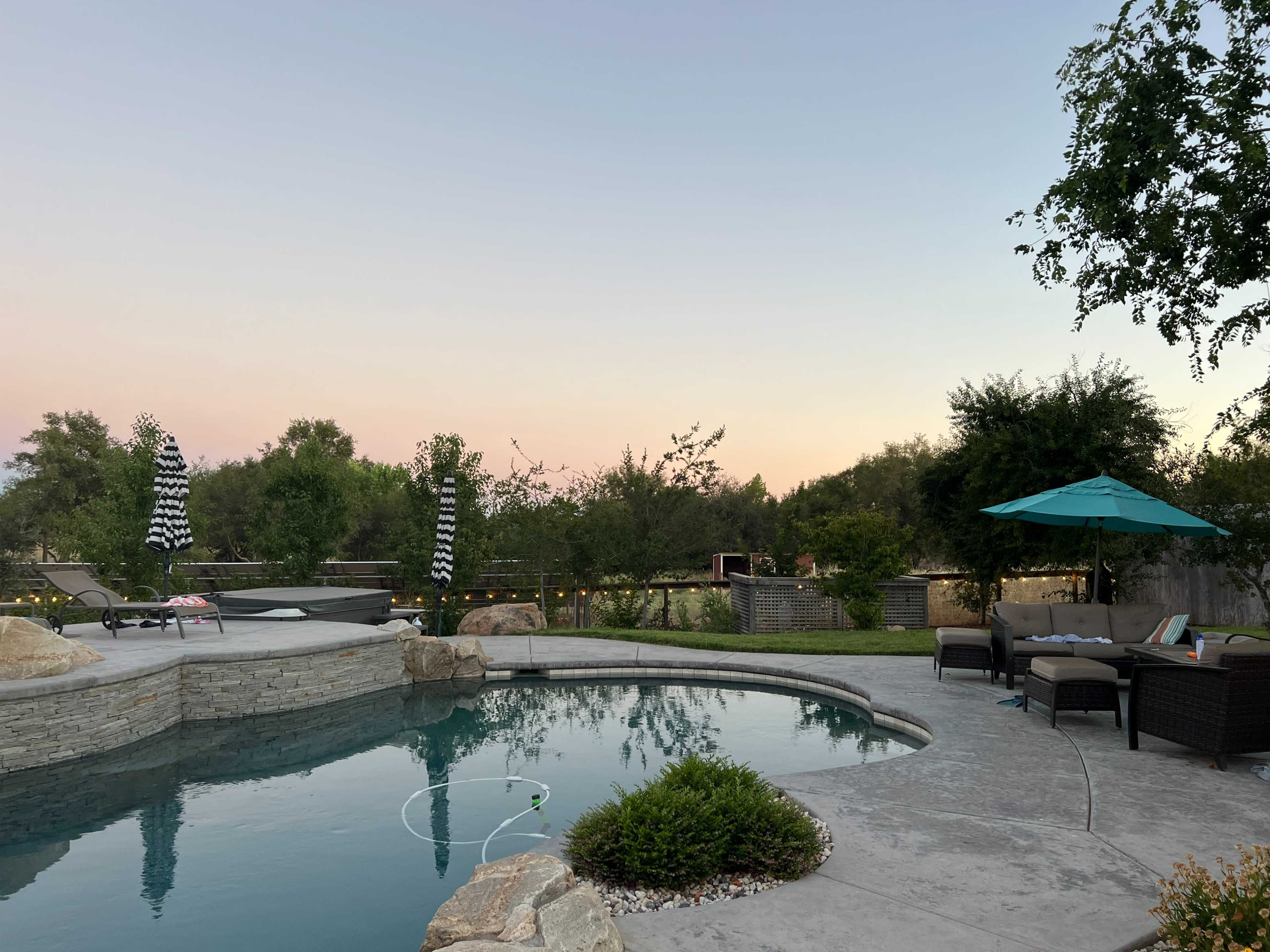 A swimming pool with a stone edge is surrounded by lounge chairs and umbrellas, set against a backdrop of trees and a pastel-colored sky at dusk.