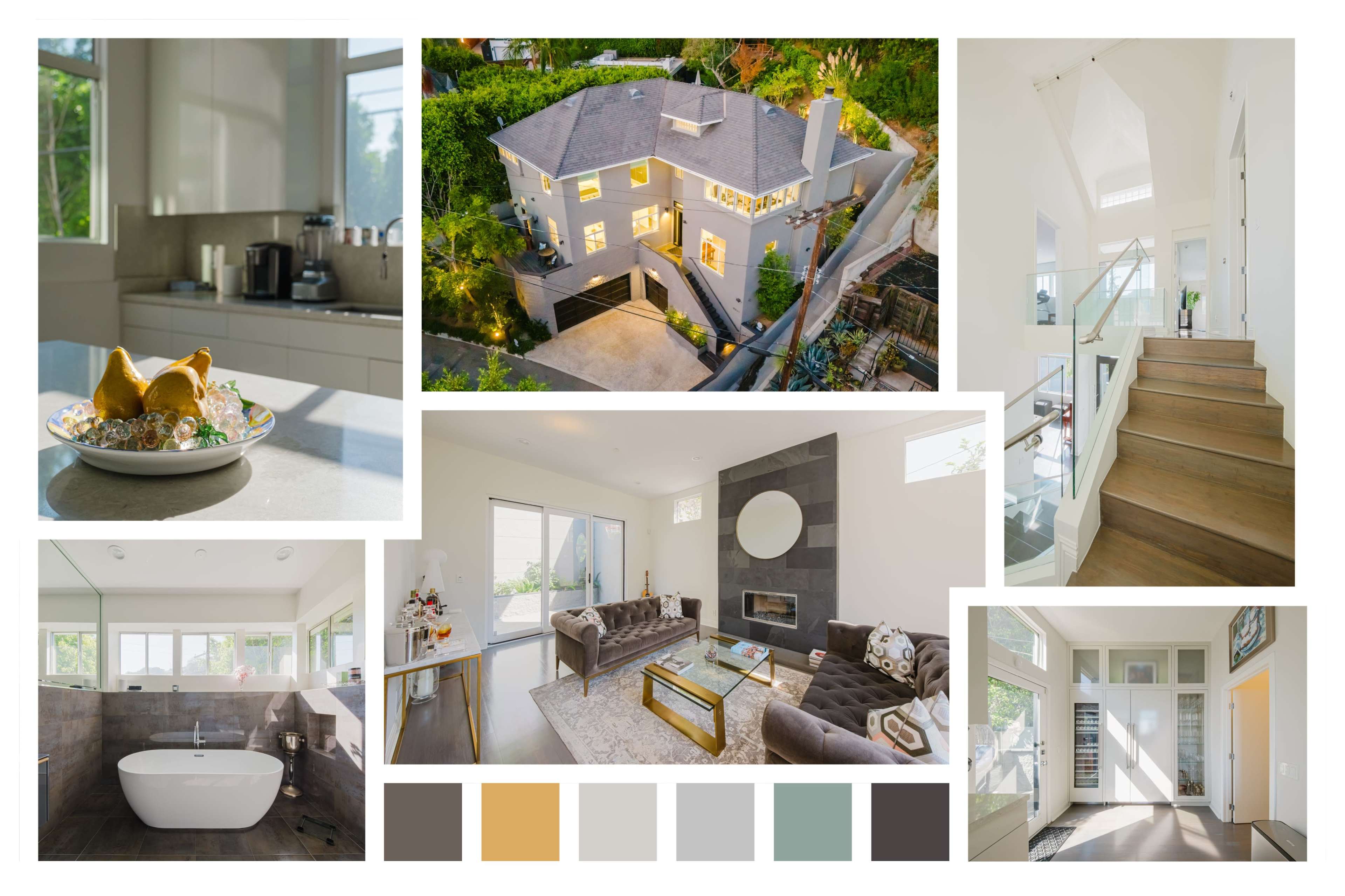 The image collage features a modern home with various interiors, including a living room with a fireplace, a sleek bathroom, a kitchen area with counter appliances, and an aerial view of the property surrounded by greenery.