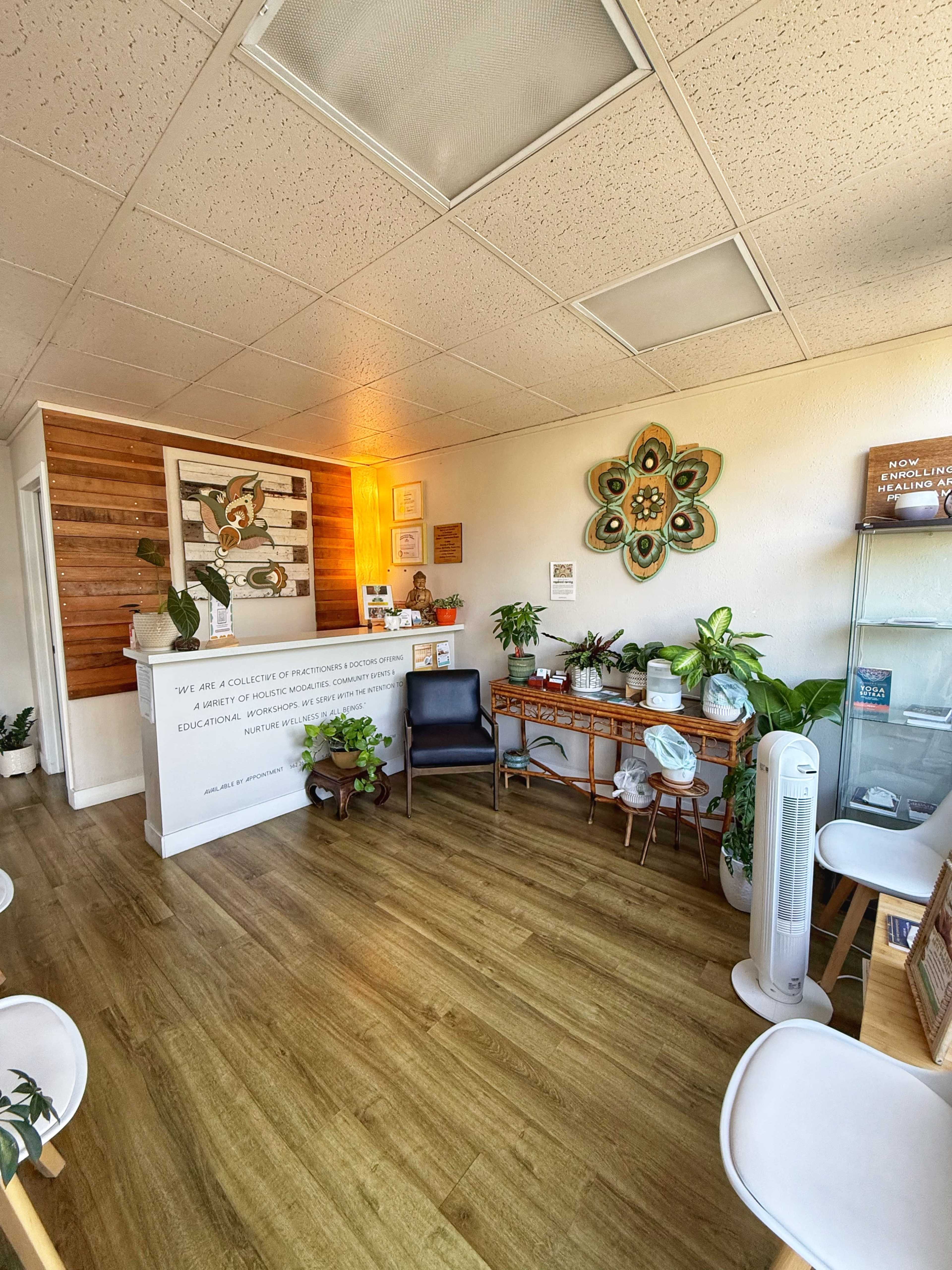 The image shows a bright and inviting reception area adorned with plants, wooden accents, and a decorative wall piece.