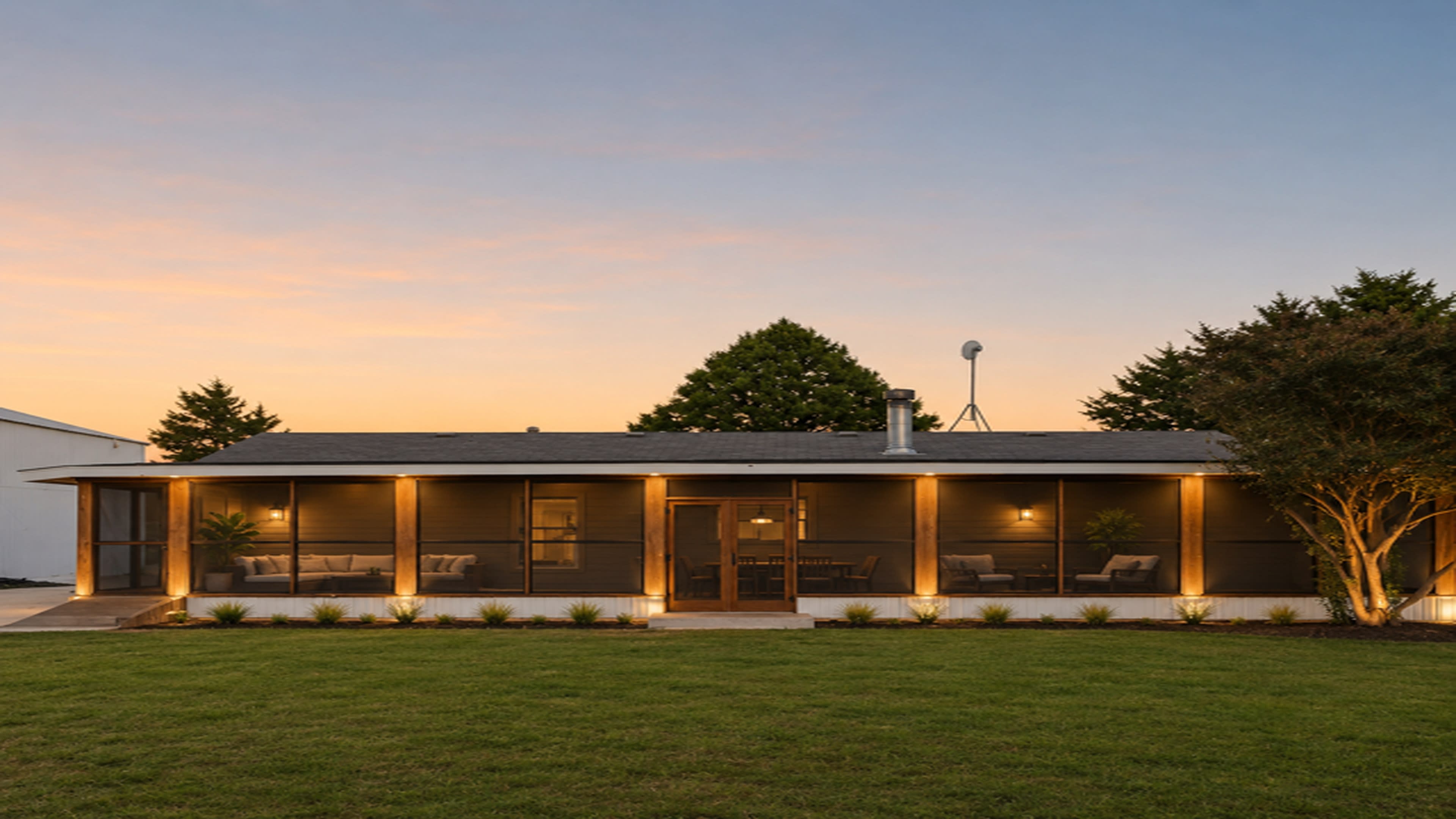 A modern single-story house features a large screened porch illuminated by warm lights, set against a twilight sky.