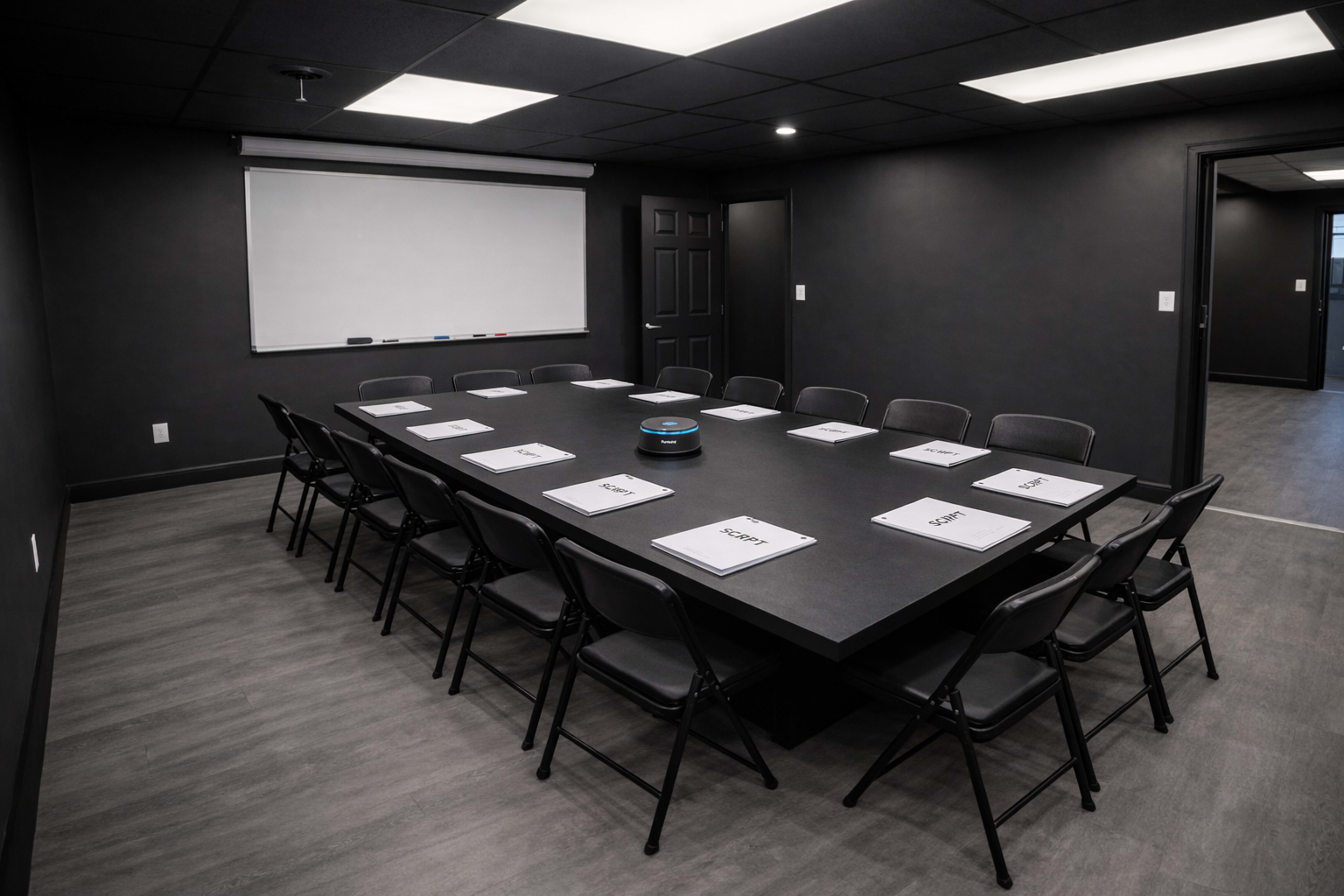 A large conference room features a rectangular table surrounded by folding chairs, with a whiteboard on one wall and a central speaker device on the table.