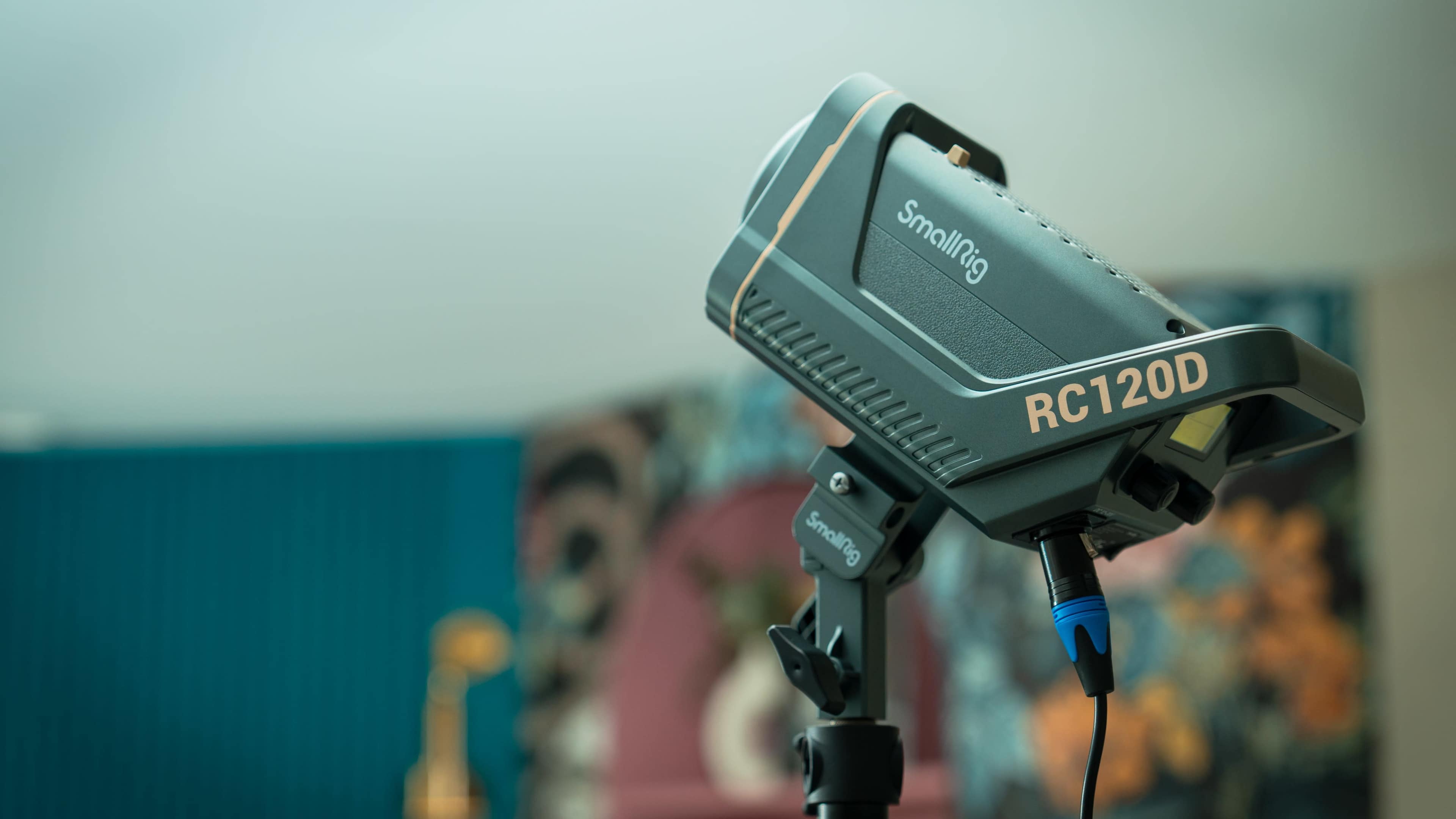 The image shows a small lighting device labeled "RC120D" mounted on a tripod stand, with a colorful floral backdrop visible in the background.