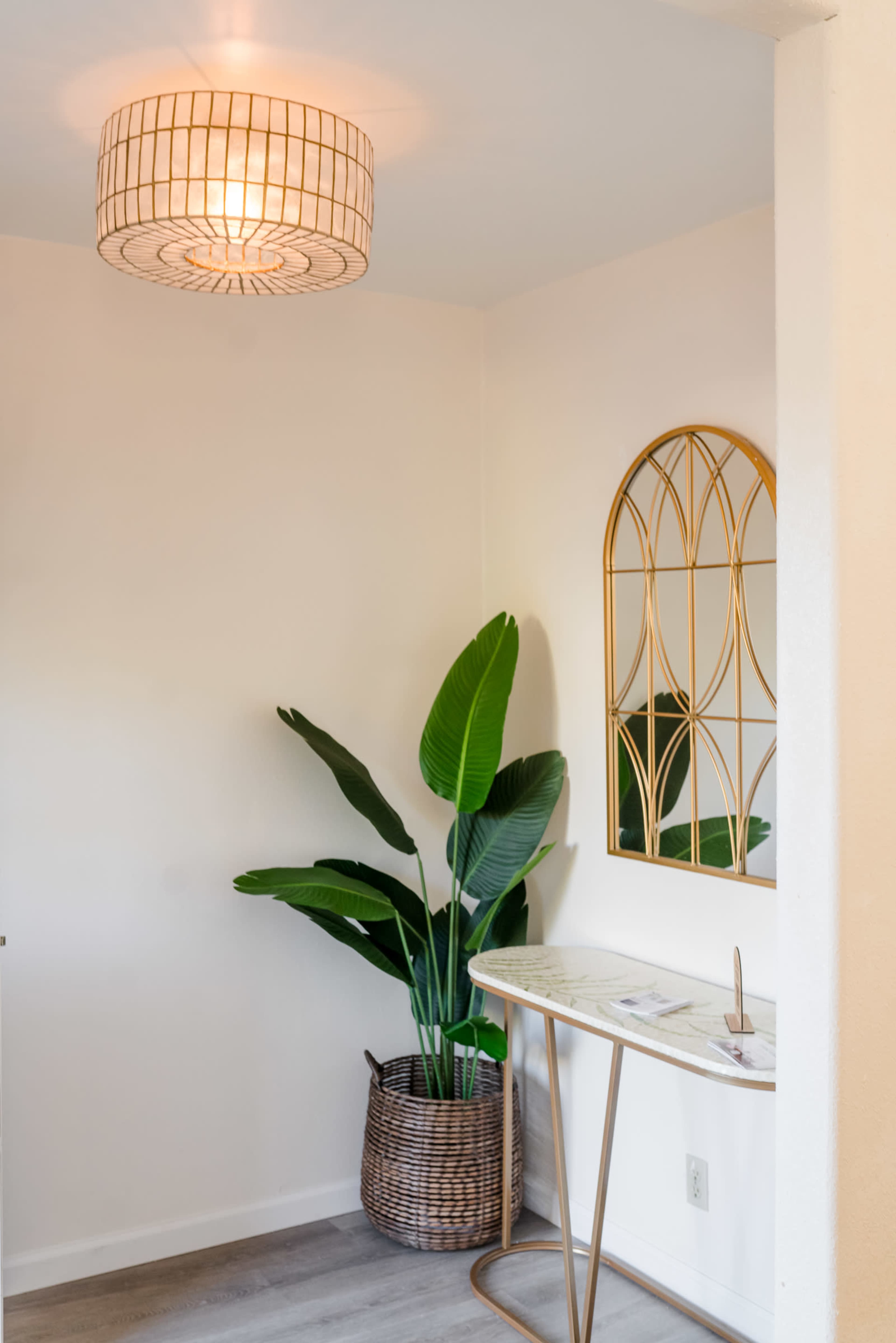 A well-lit corner of a room with a woven basket containing a large green plant, a marble-top console table, and a decorative gold-framed mirror on the wall.