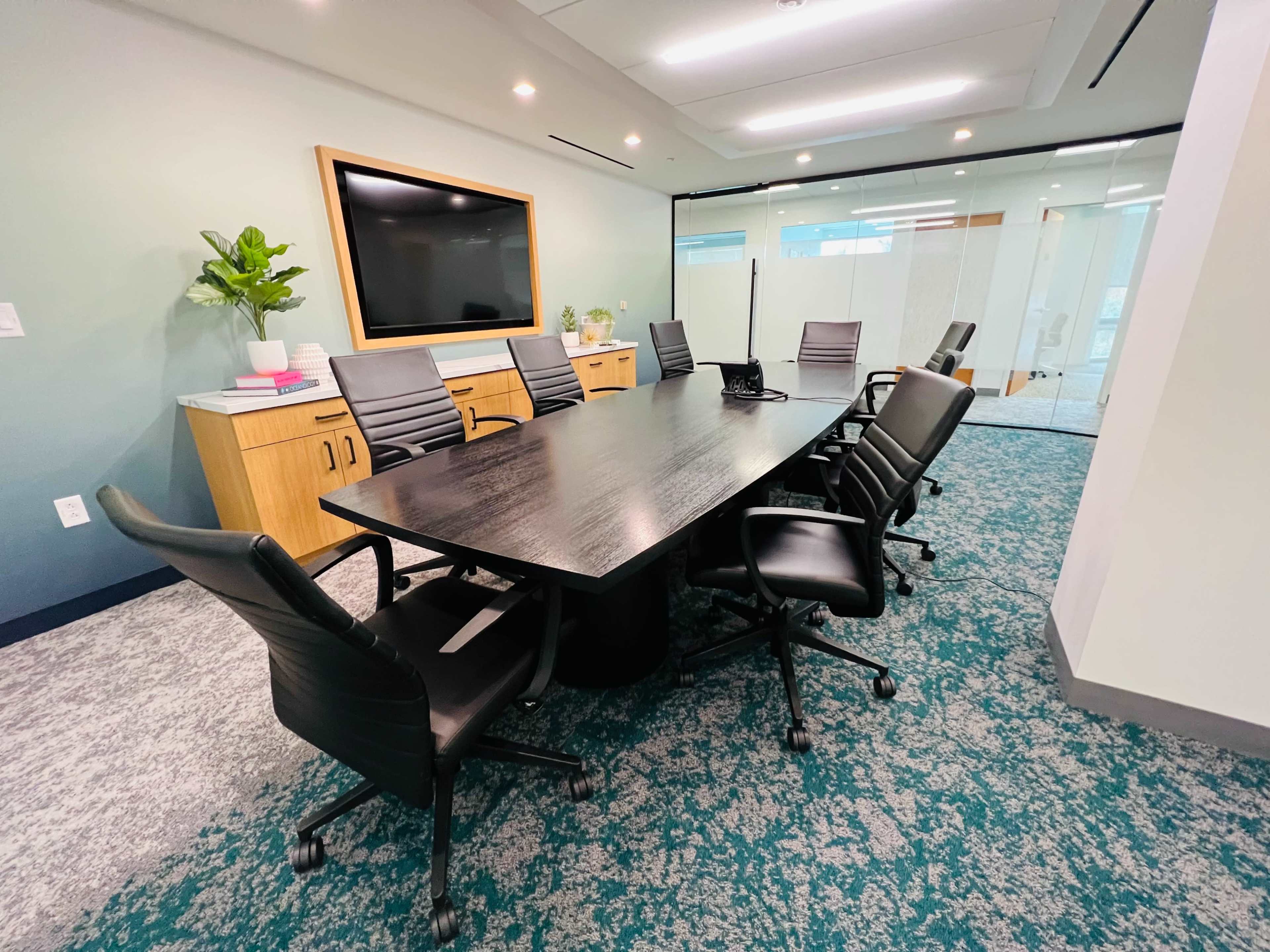 A modern conference room features a long black table surrounded by ergonomic chairs, with a large television screen mounted on the wall and a view of glass-walled offices.
