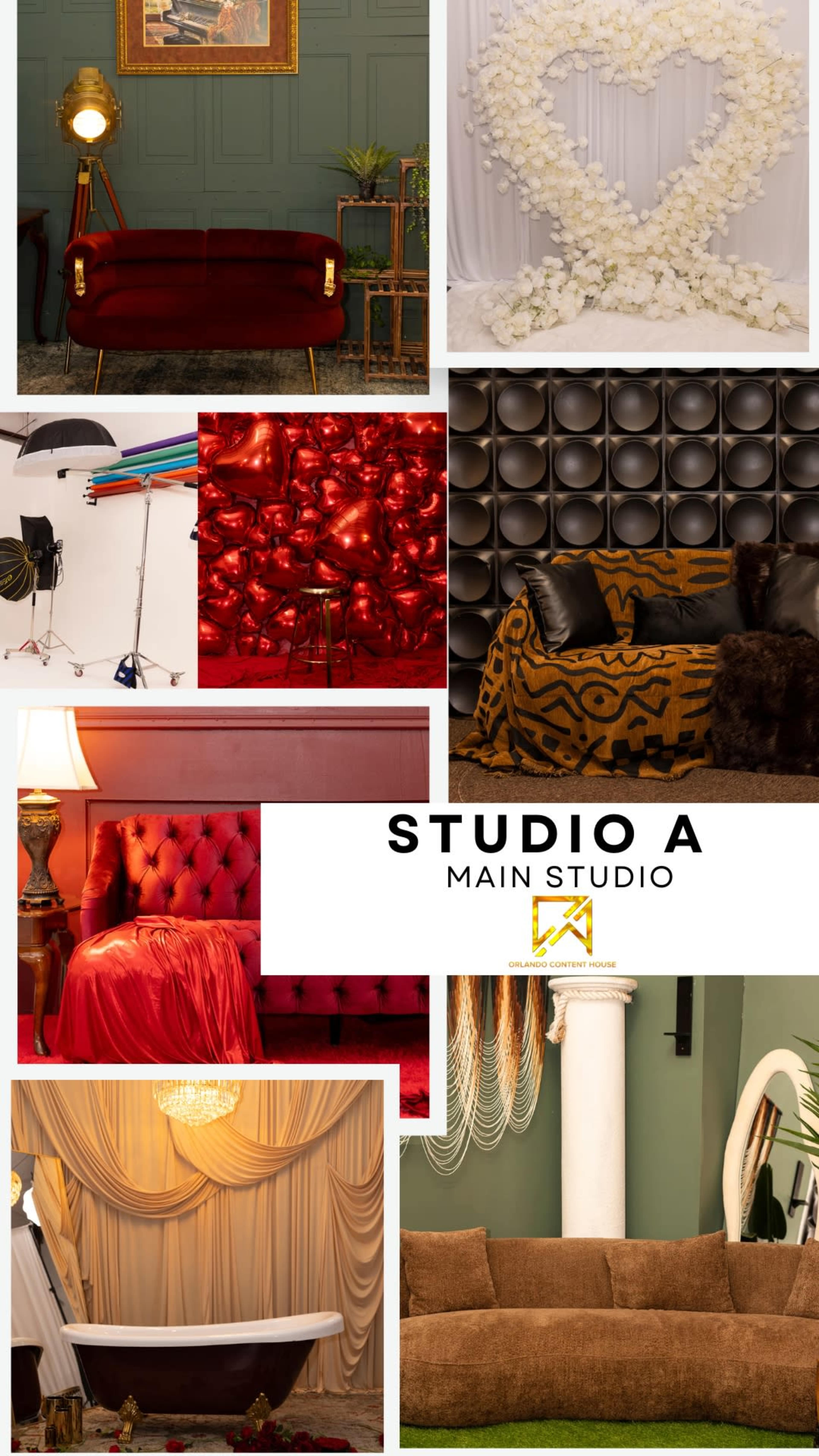 The image features various studio settings showcasing distinct decor elements, including couches, backdrops, and lighting equipment.