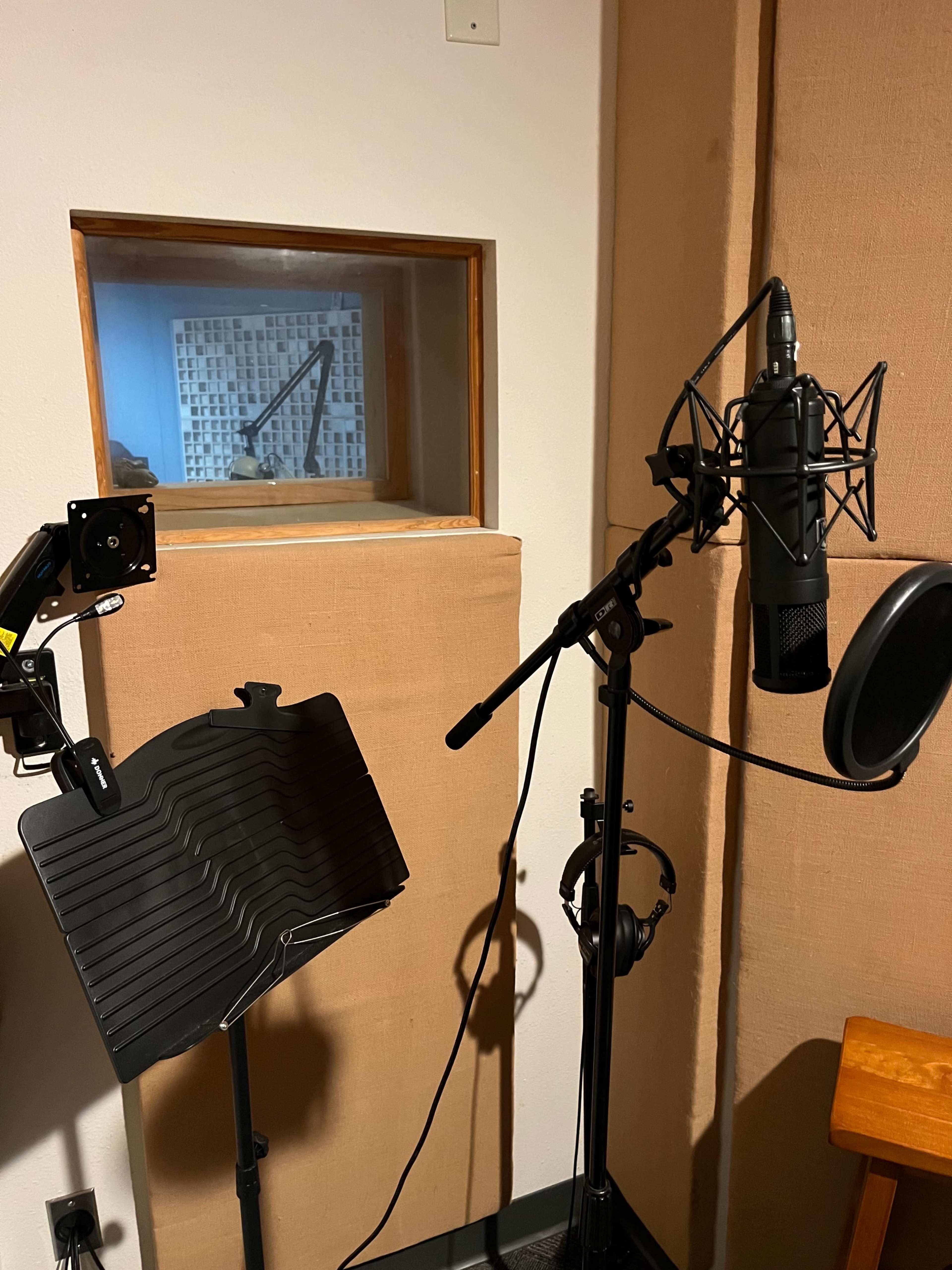A recording studio with a microphone, a pop filter, and soundproof walls, featuring a window to an adjacent room.