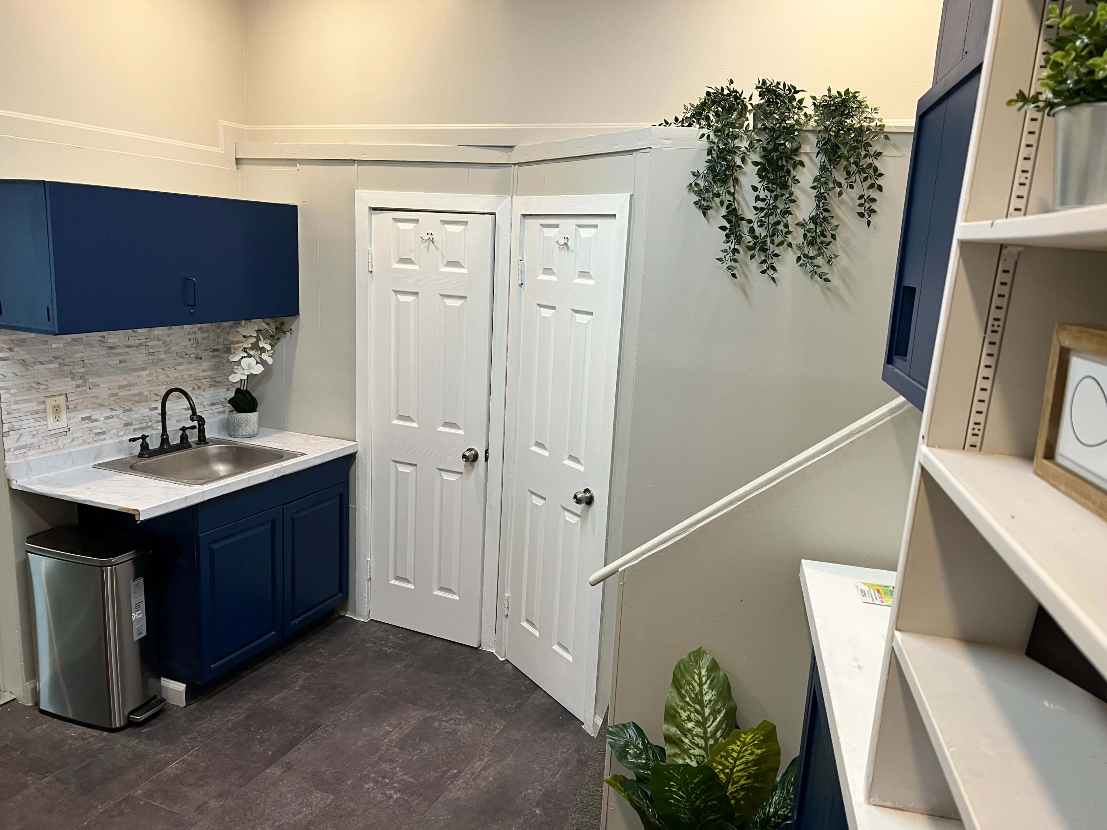 A small kitchen area with blue cabinets, a sink, and two white doors leading to another space, along with decorative plants placed nearby.