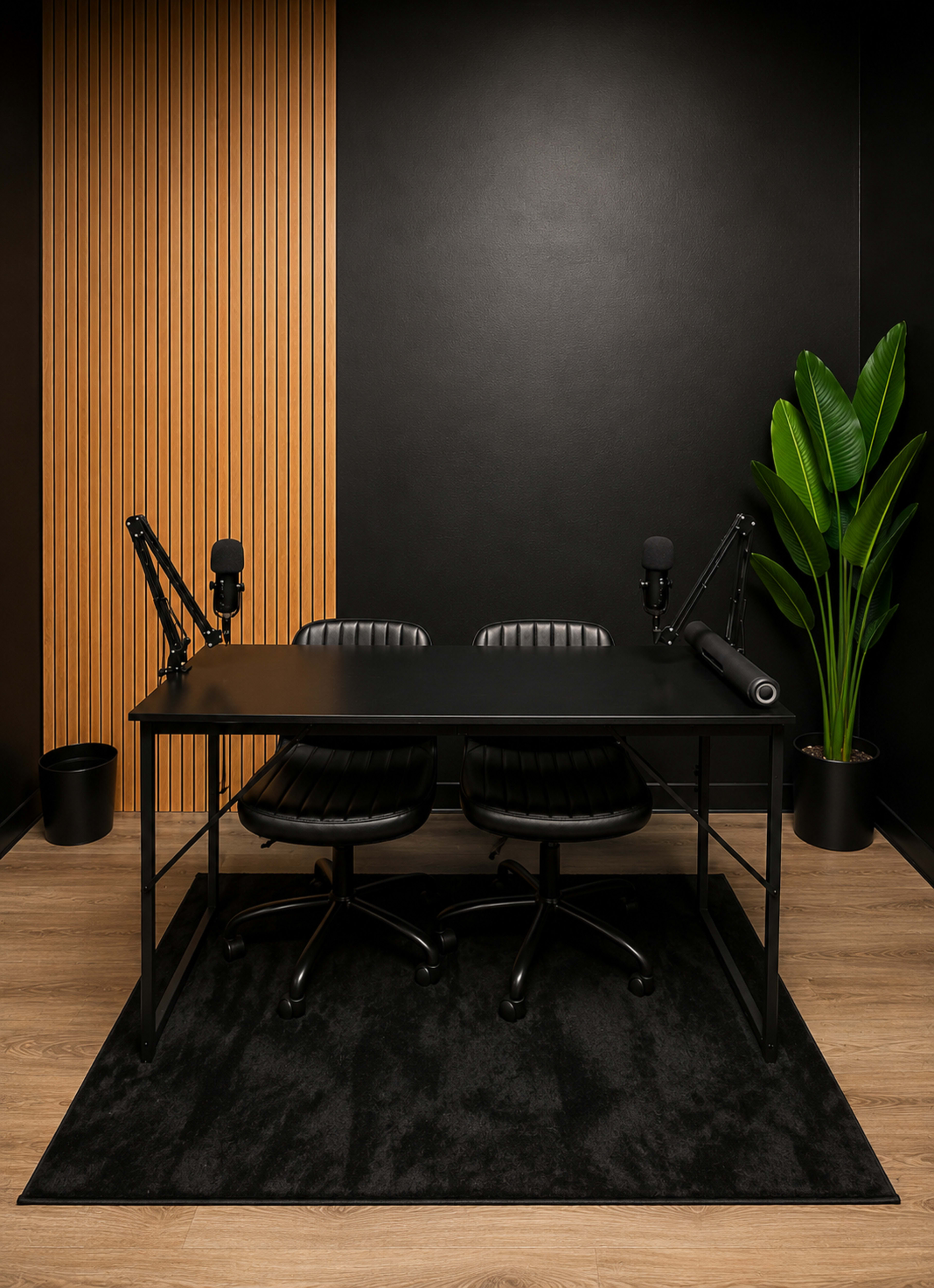 The image shows a modern recording studio setup featuring a black desk with two ergonomic chairs, two microphone arms, and a large potted plant, all set against a dark backdrop and wooden paneling.