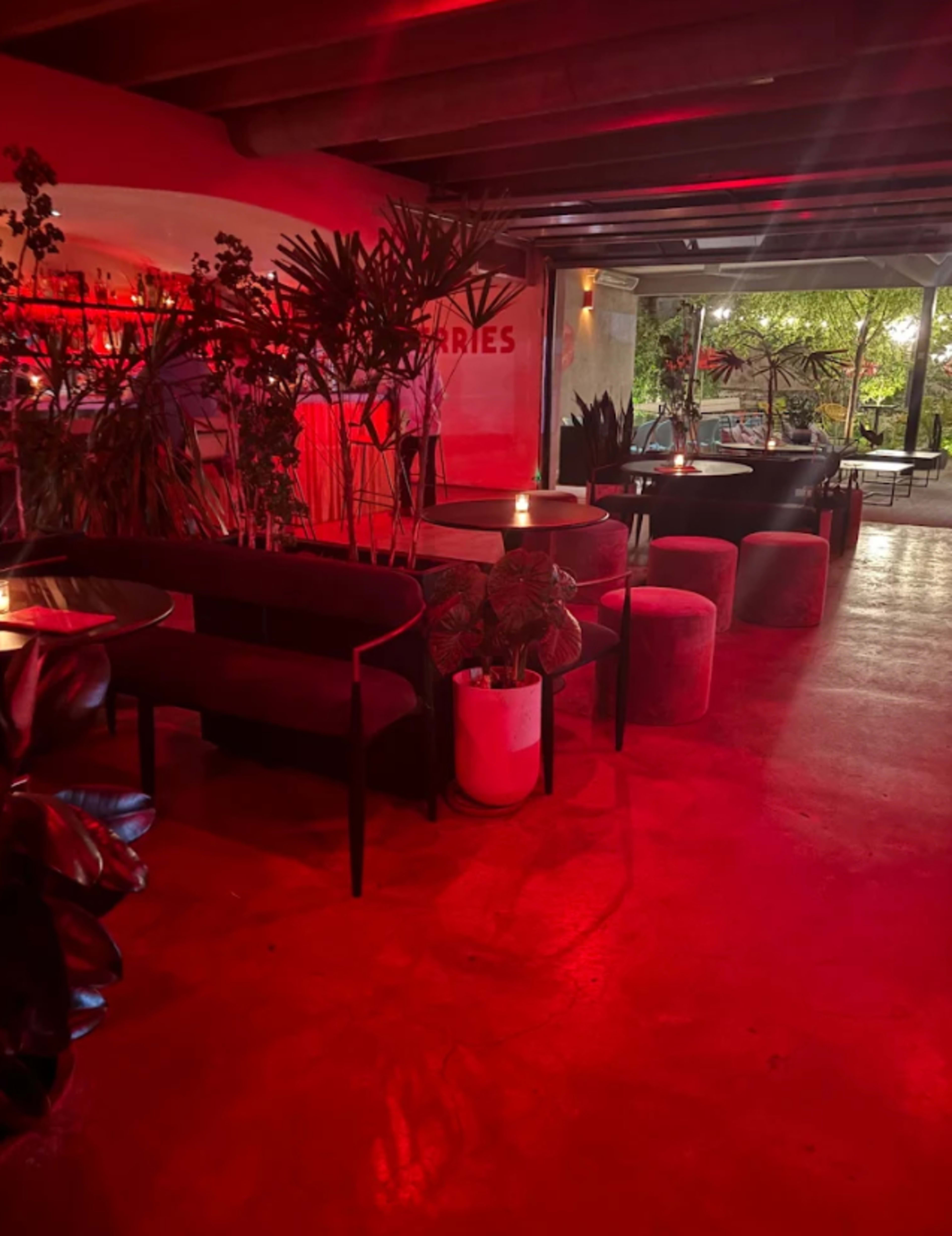The image shows a dimly lit lounge with red lighting, featuring black seating, potted plants, and tables arranged in an open, modern space.