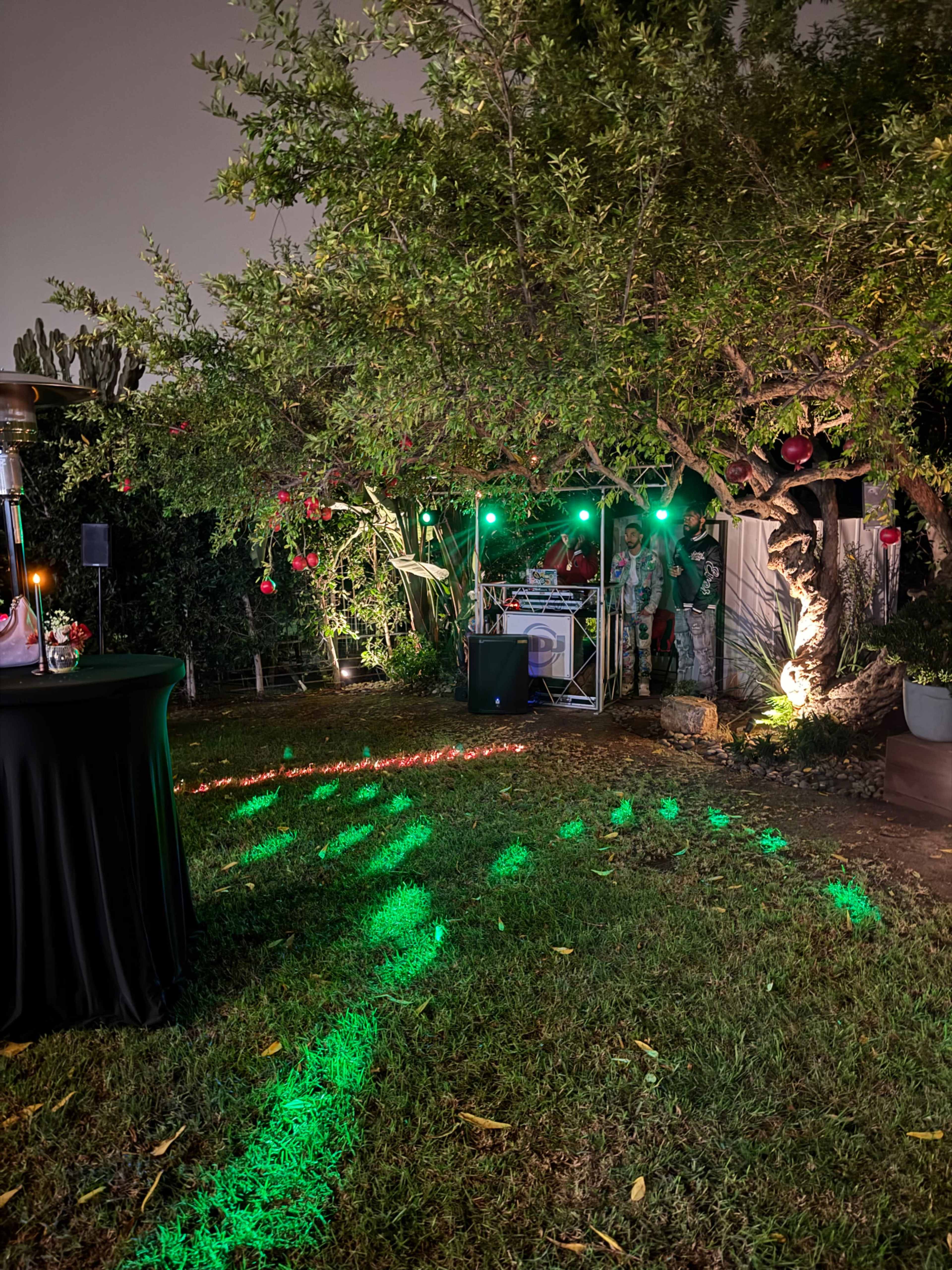 A DJ setup is positioned under a tree adorned with red ornaments, surrounded by green lighting and outdoor heaters in a garden setting.
