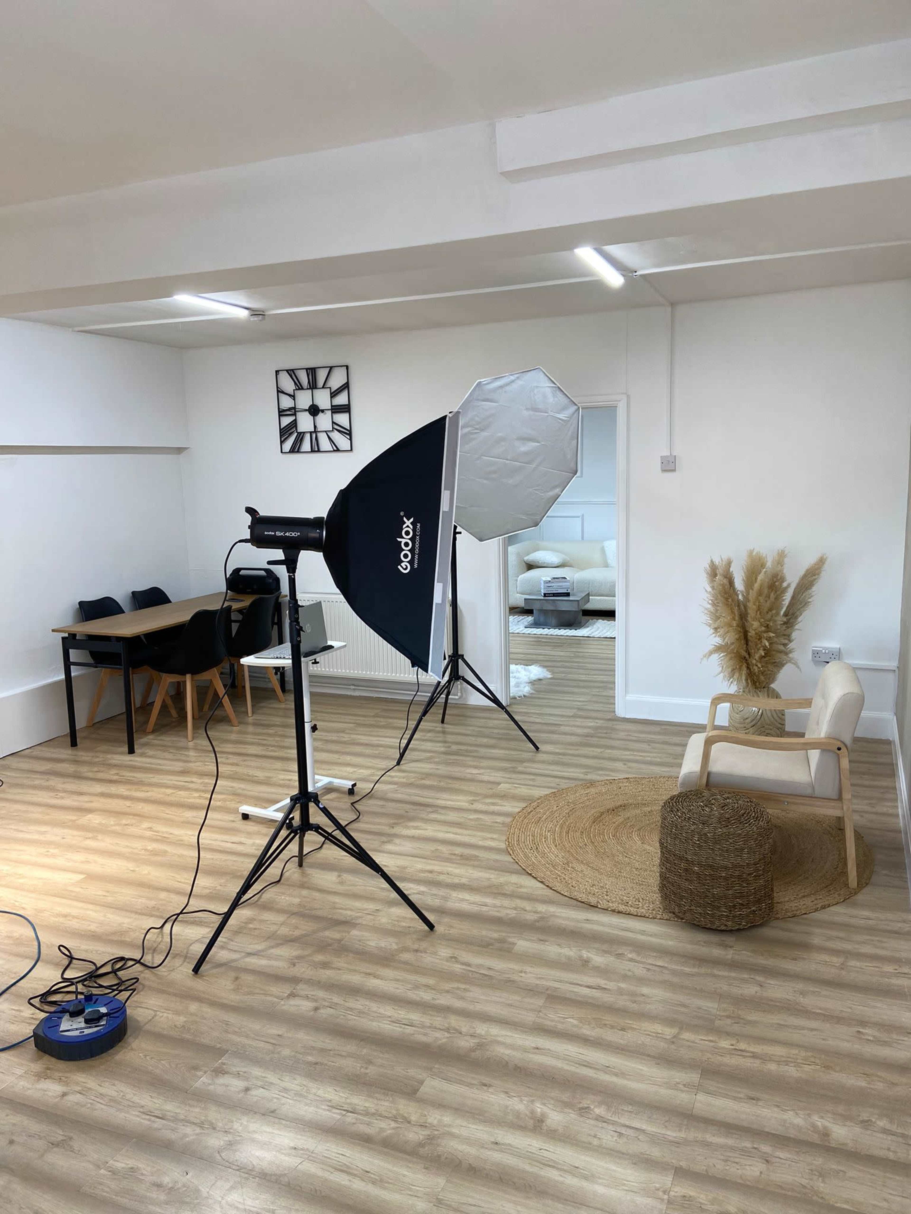 A bright, empty room with a photography lighting setup, a dining table, chairs, a chair, a round rug, and a decorative plant in the corner.