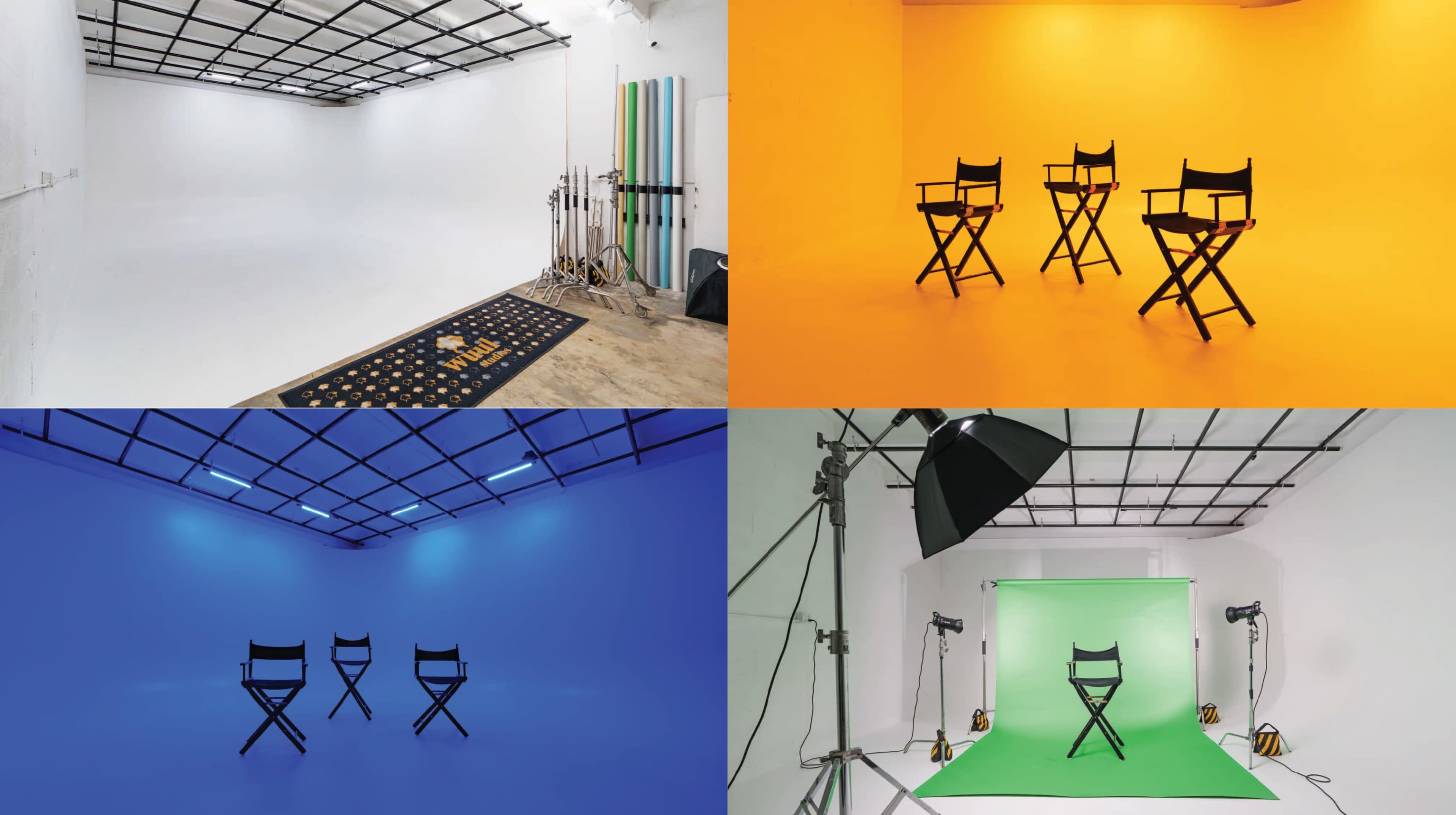 Four different colored photography studio setups, each featuring empty director's chairs against solid backgrounds of white, orange, blue, and green.