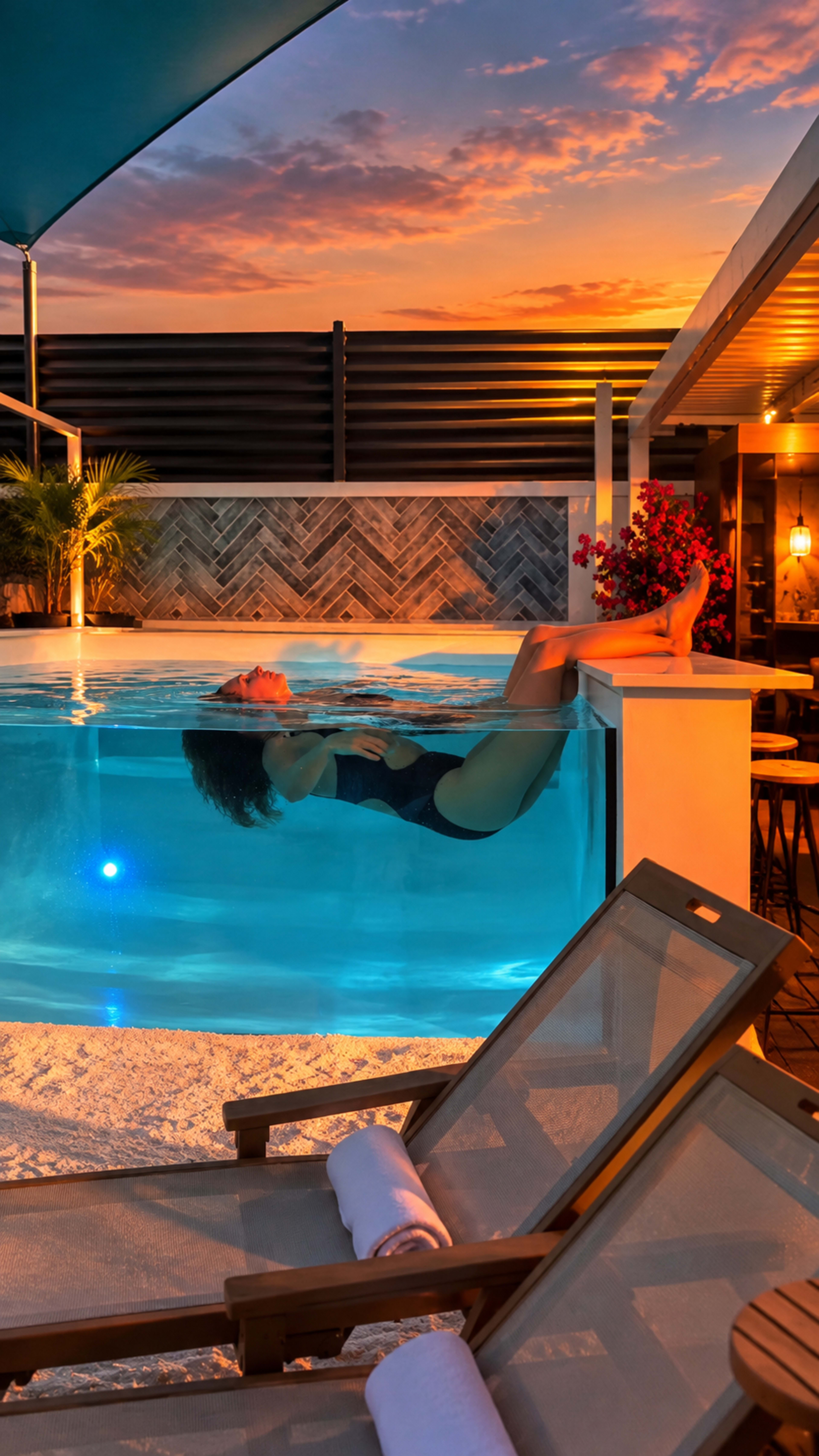 A woman relaxes in a rooftop swimming pool at sunset, surrounded by lounge chairs and greenery.