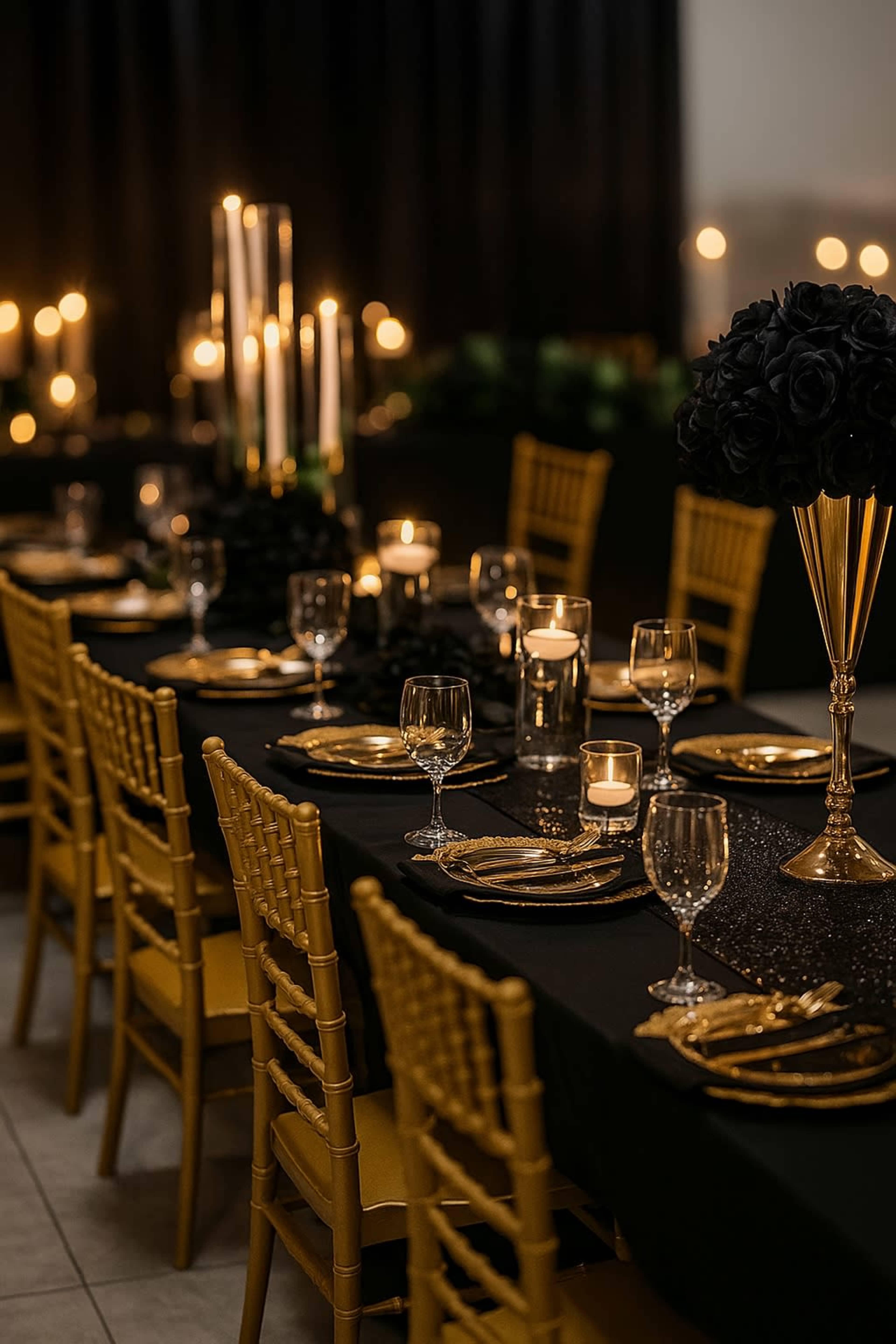 The image shows a elegantly set dining table with black tablecloths, gold chairs, and candlelight creating a warm ambiance.