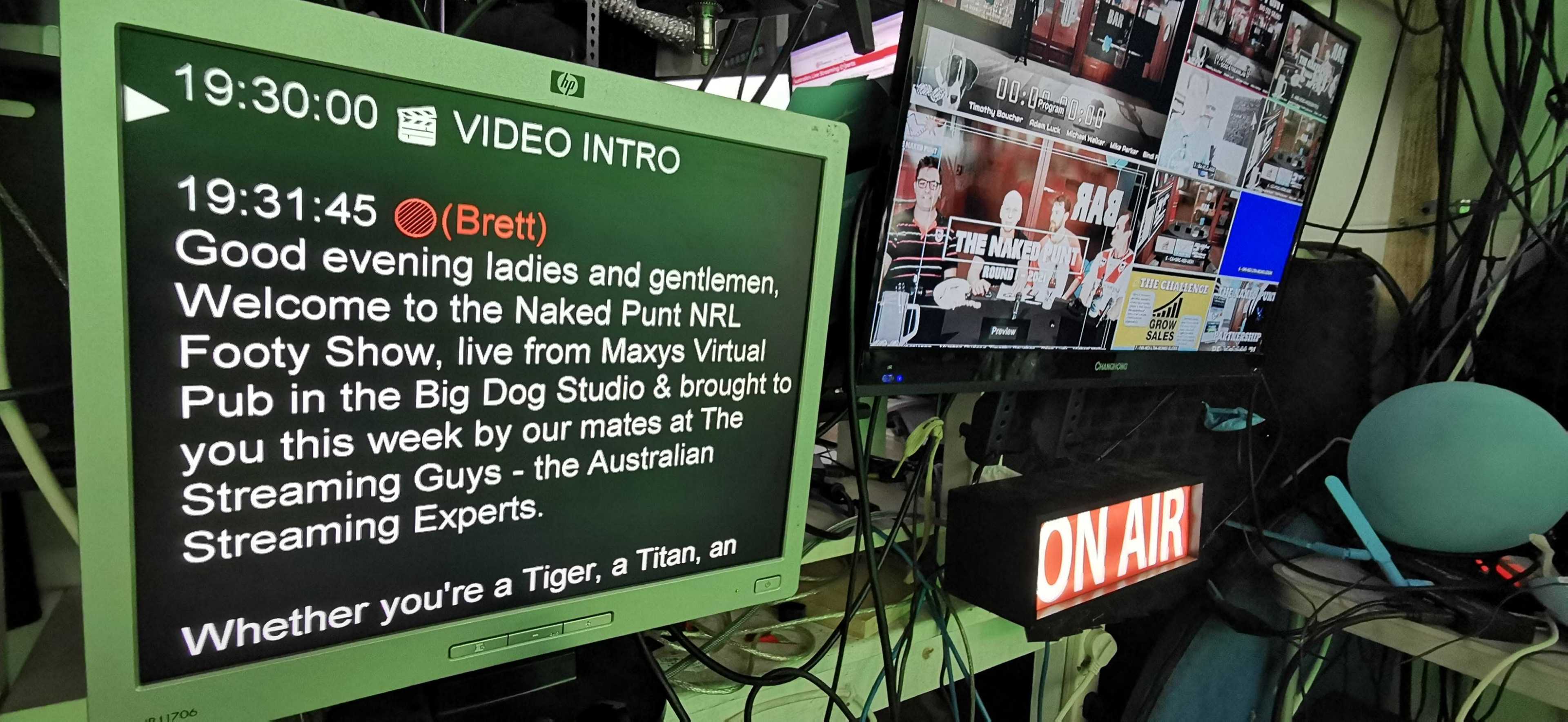 A monitor displays a script for a live broadcast, while another screen shows a multi-camera setup in a control room labeled "ON AIR."