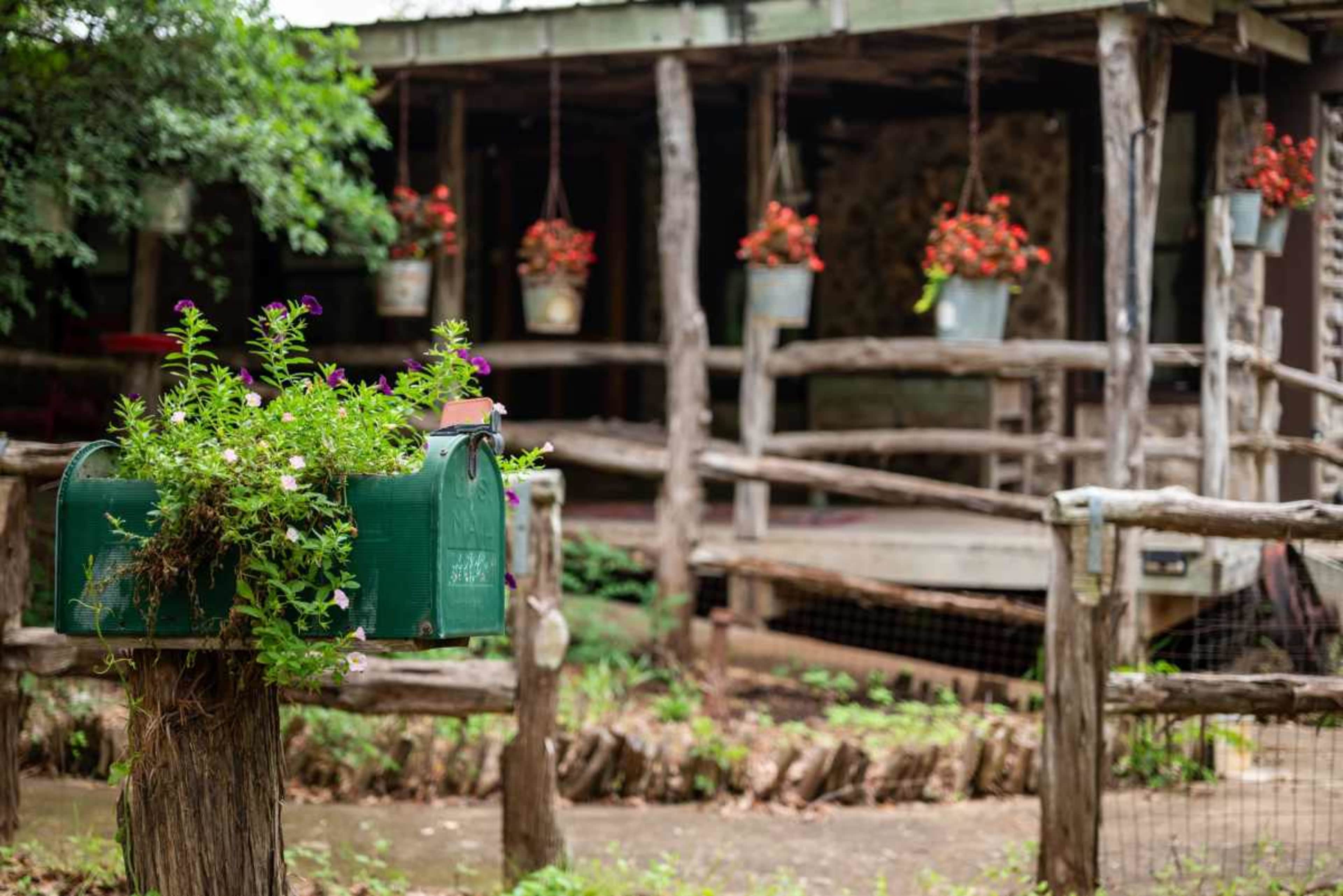 A green mailbox filled with flowering plants stands near a rustic wooden porch adorned with hanging flower pots.