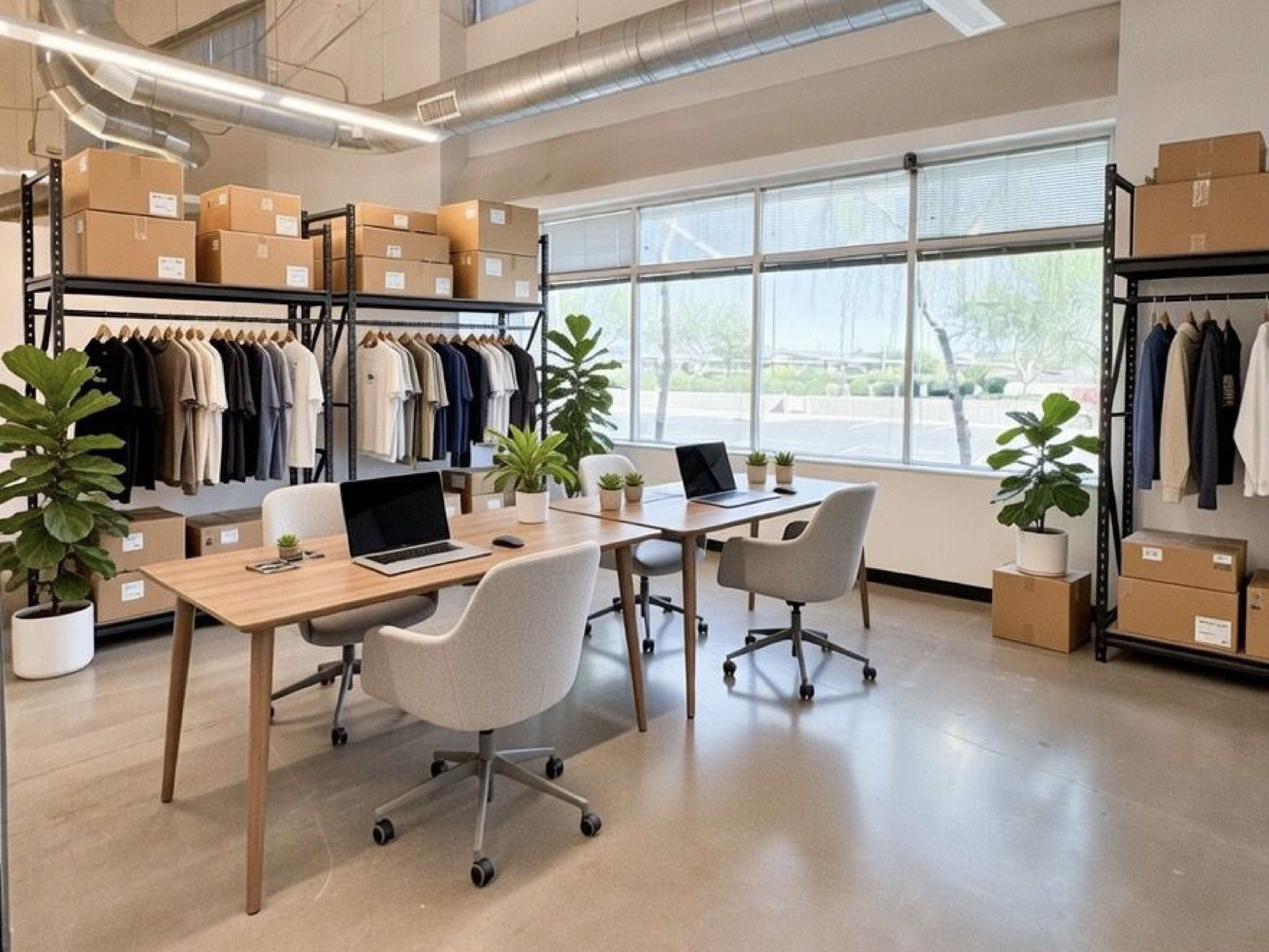 The image shows a modern office space with a wooden table, three chairs, two laptops, shelves of neatly folded clothing, and plants in white pots, all with large windows allowing natural light.