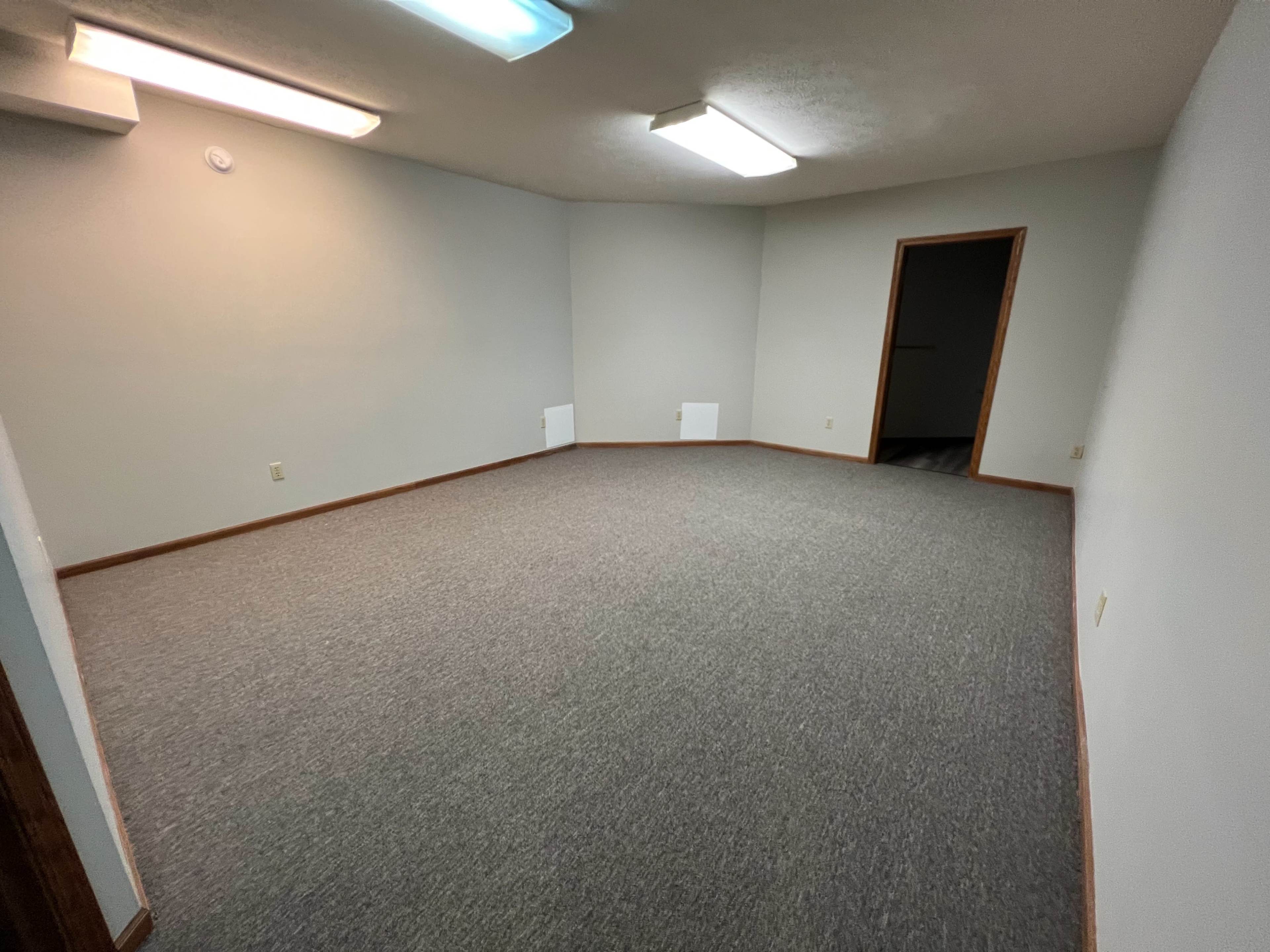 A vacant room with gray carpet, light-colored walls, and a doorway leading to another space.