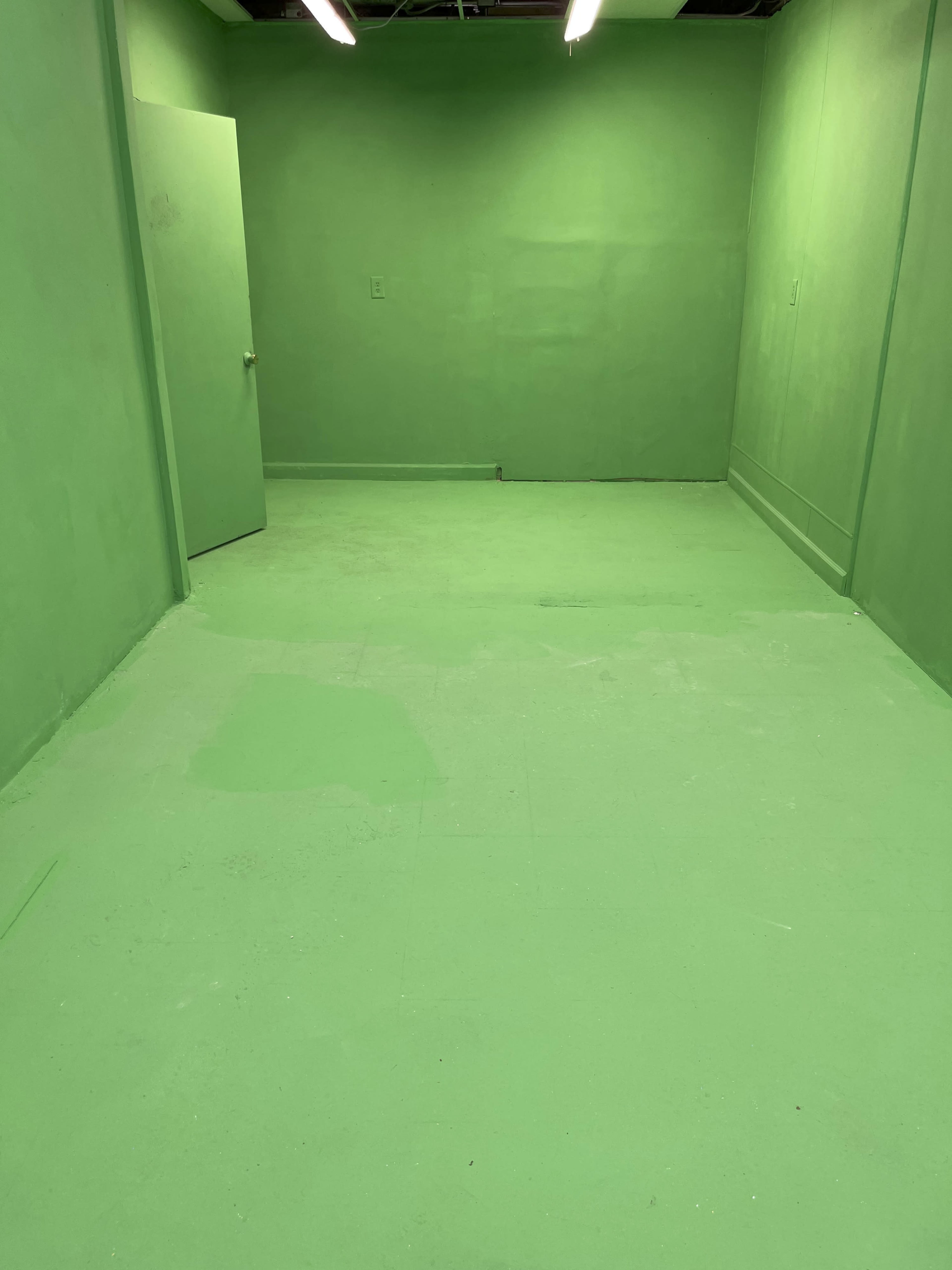 The image shows a room entirely painted in green, including the walls, floor, and door.