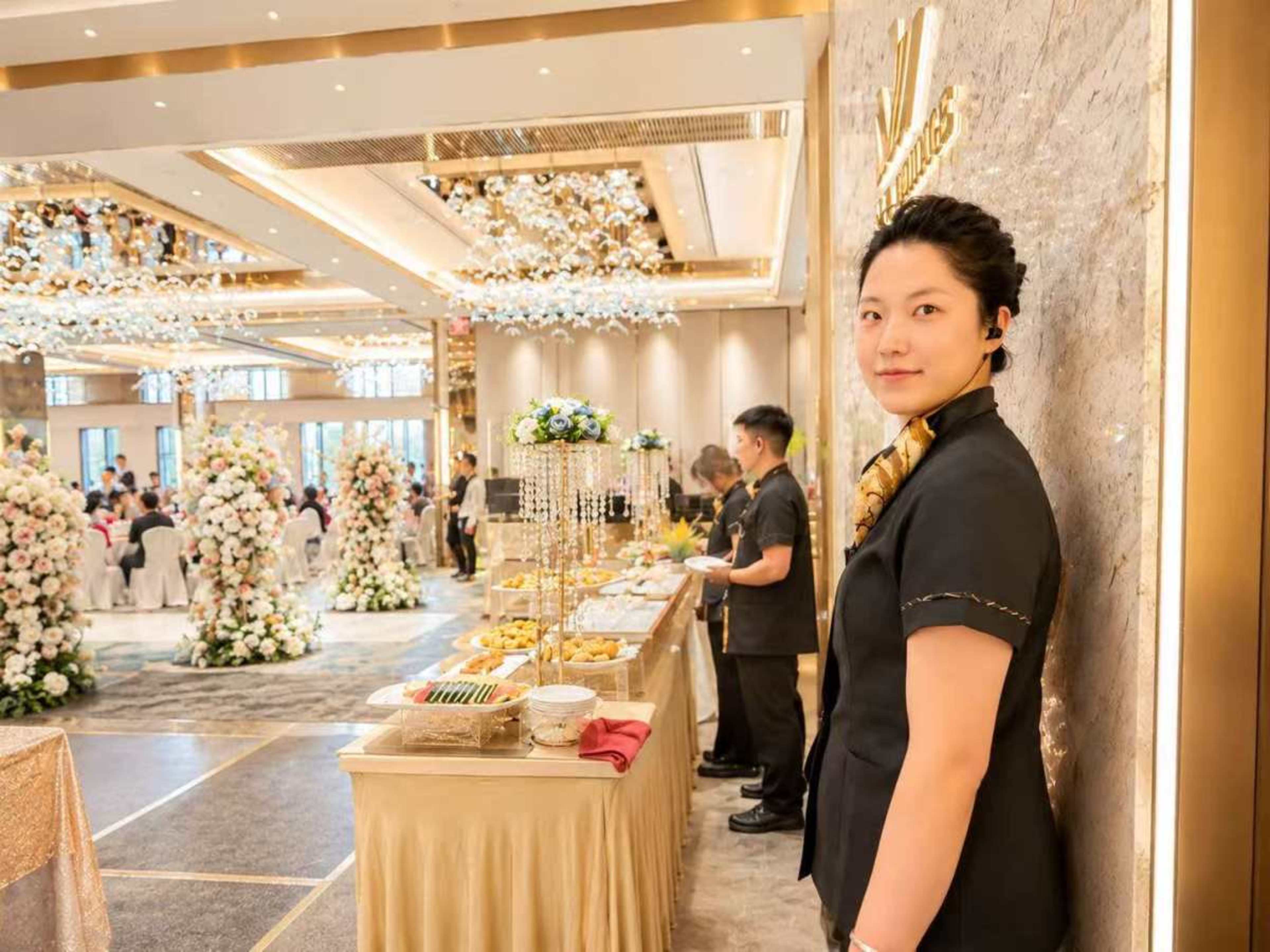 A staff member stands near a beautifully arranged buffet in a banquet hall adorned with floral decorations.