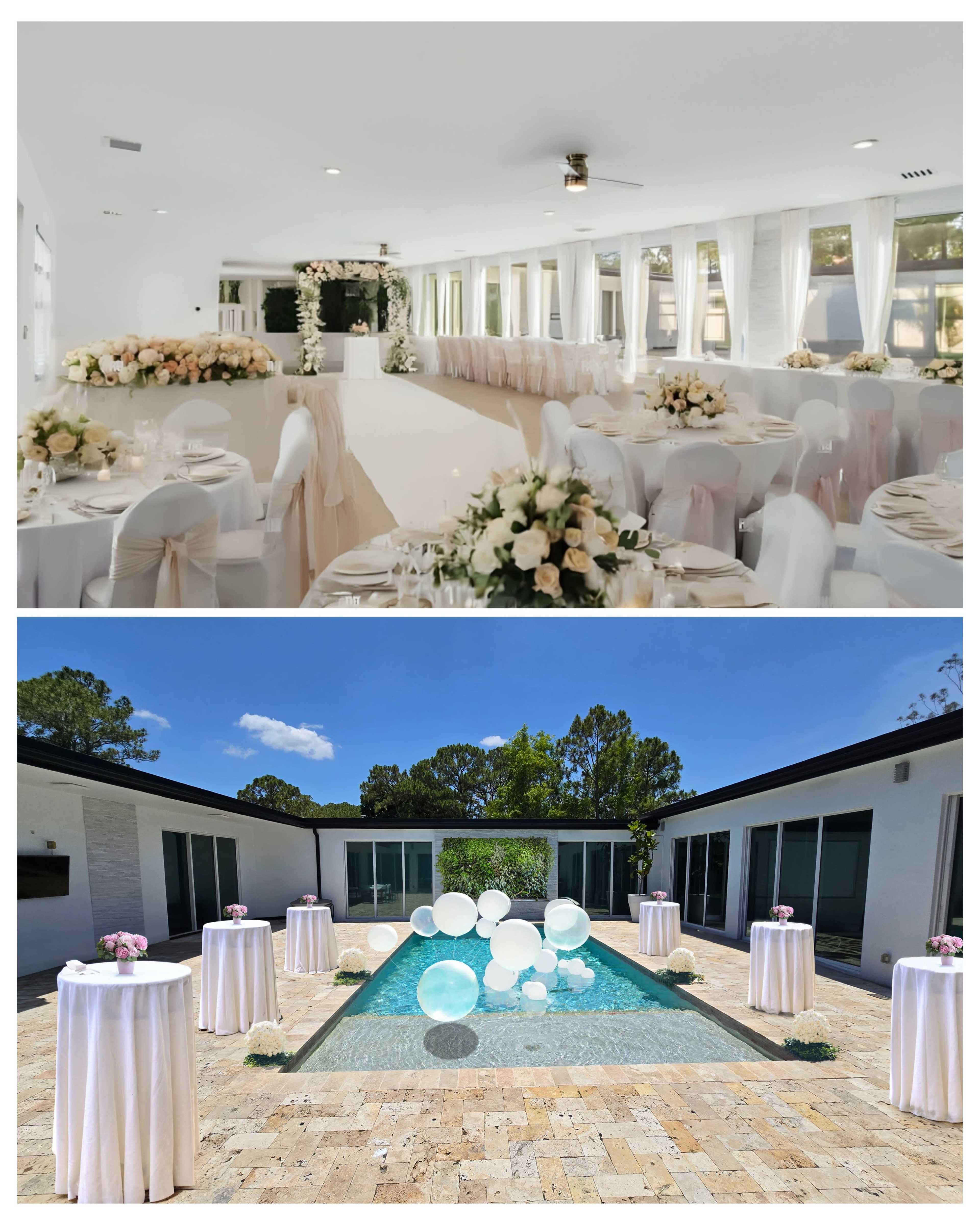The image shows an elegant indoor event space with decorated tables and an outdoor pool area featuring colorful floating decorations.