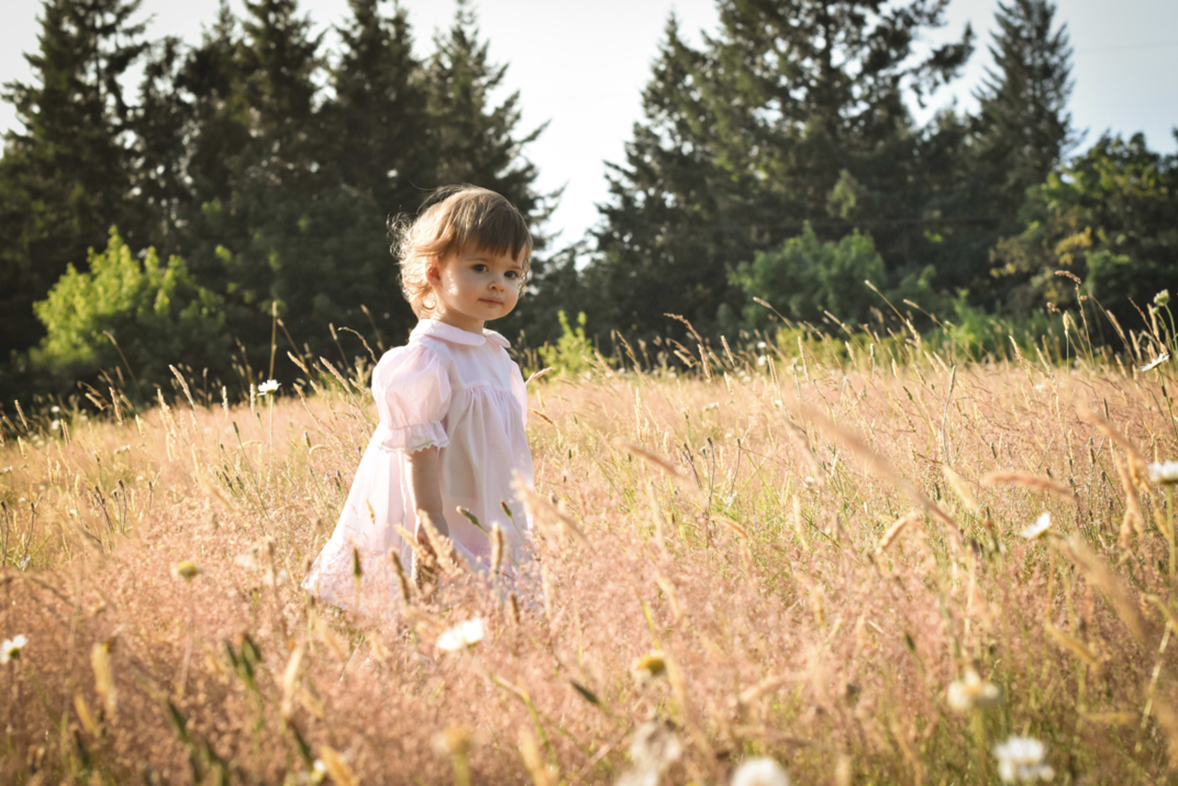 A young child in a light pink dress stands in a field of tall grass and wildflowers under a clear sky.