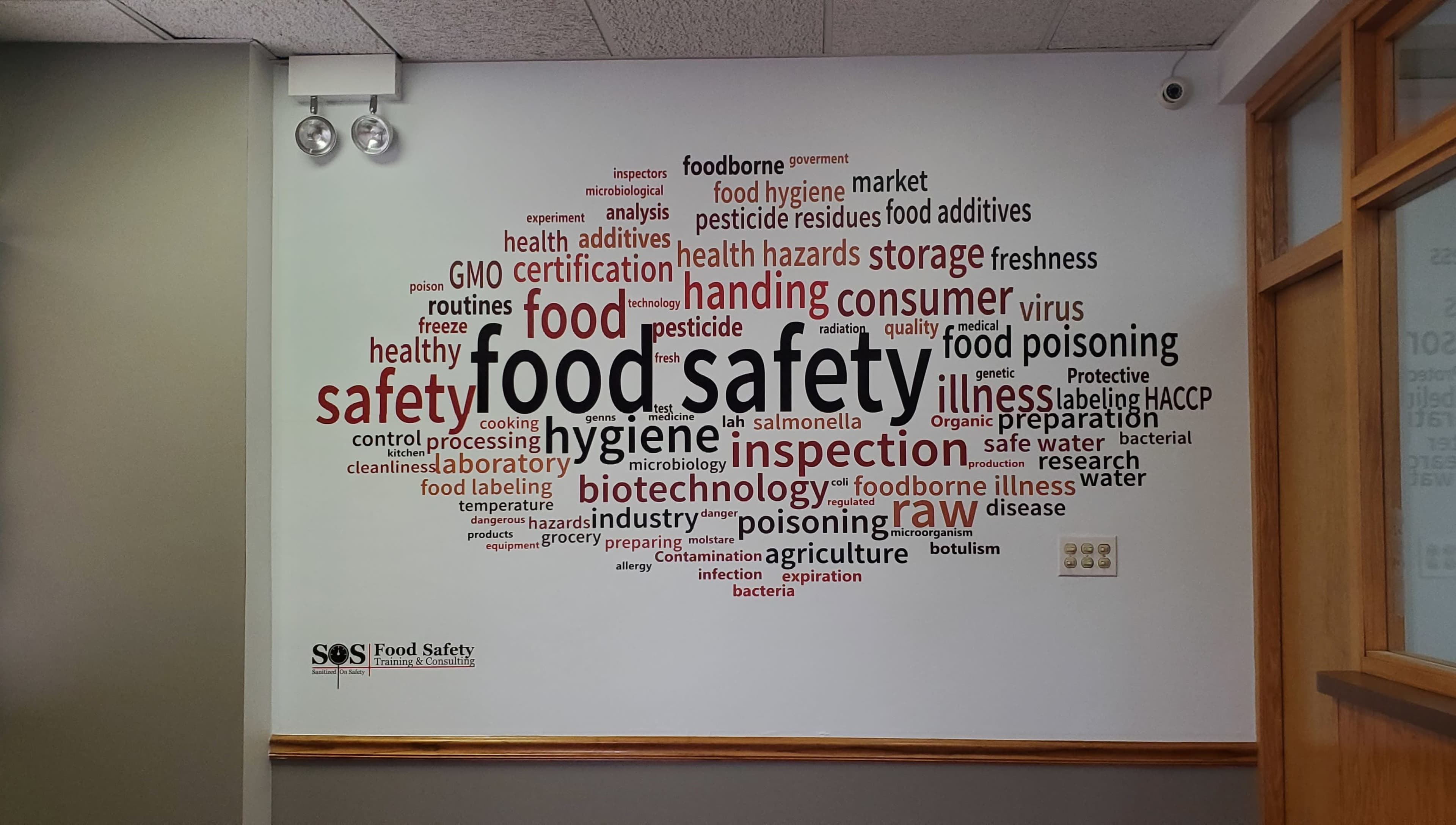 The wall is decorated with a large word cloud focused on food safety, highlighting terms such as "inspection," "biotechnology," "hazards," and "hygiene."
