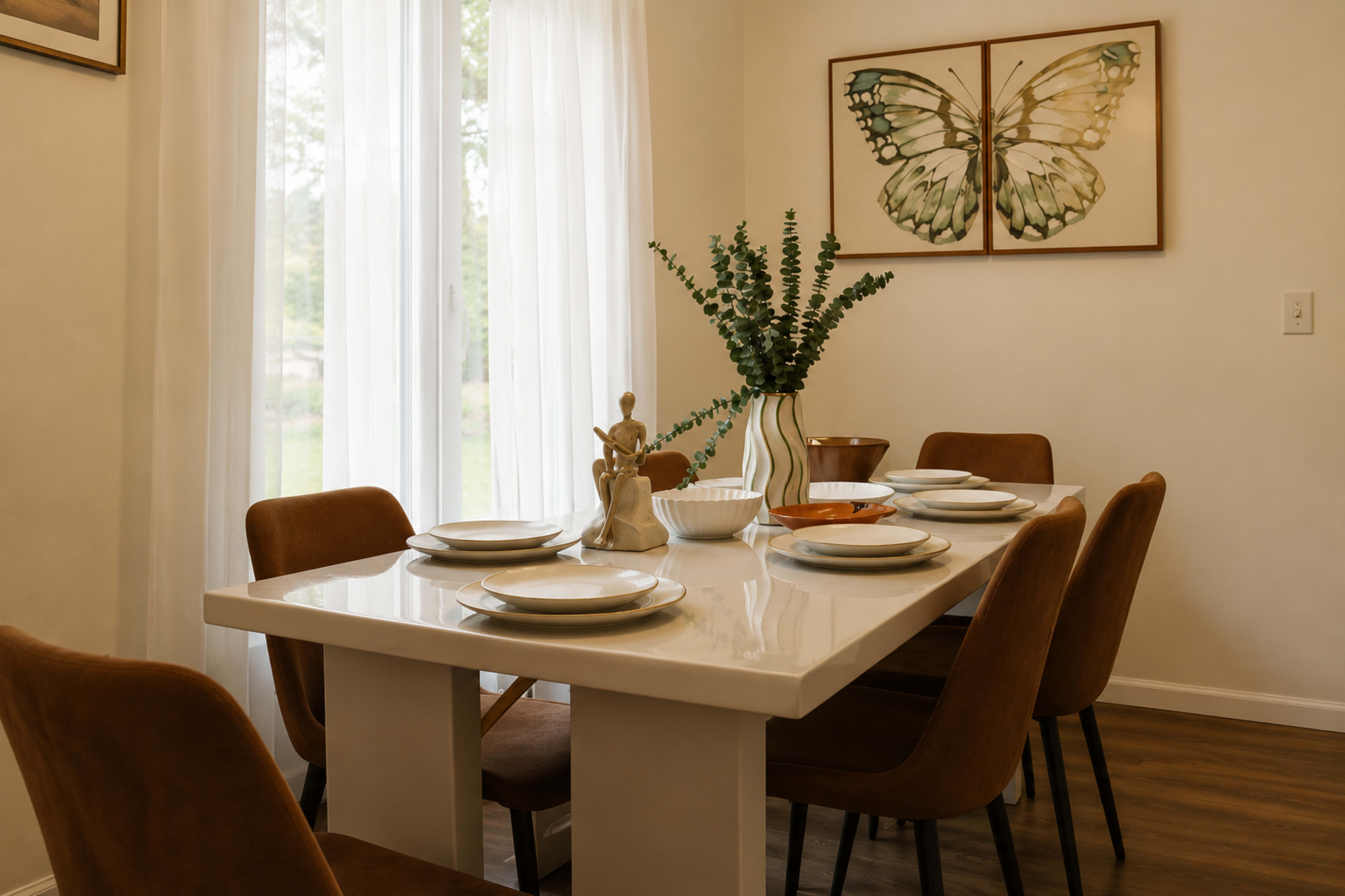 A dining table is set with plates and utensils, surrounded by brown chairs, and decorated with a vase of greenery and butterfly artwork on the walls.