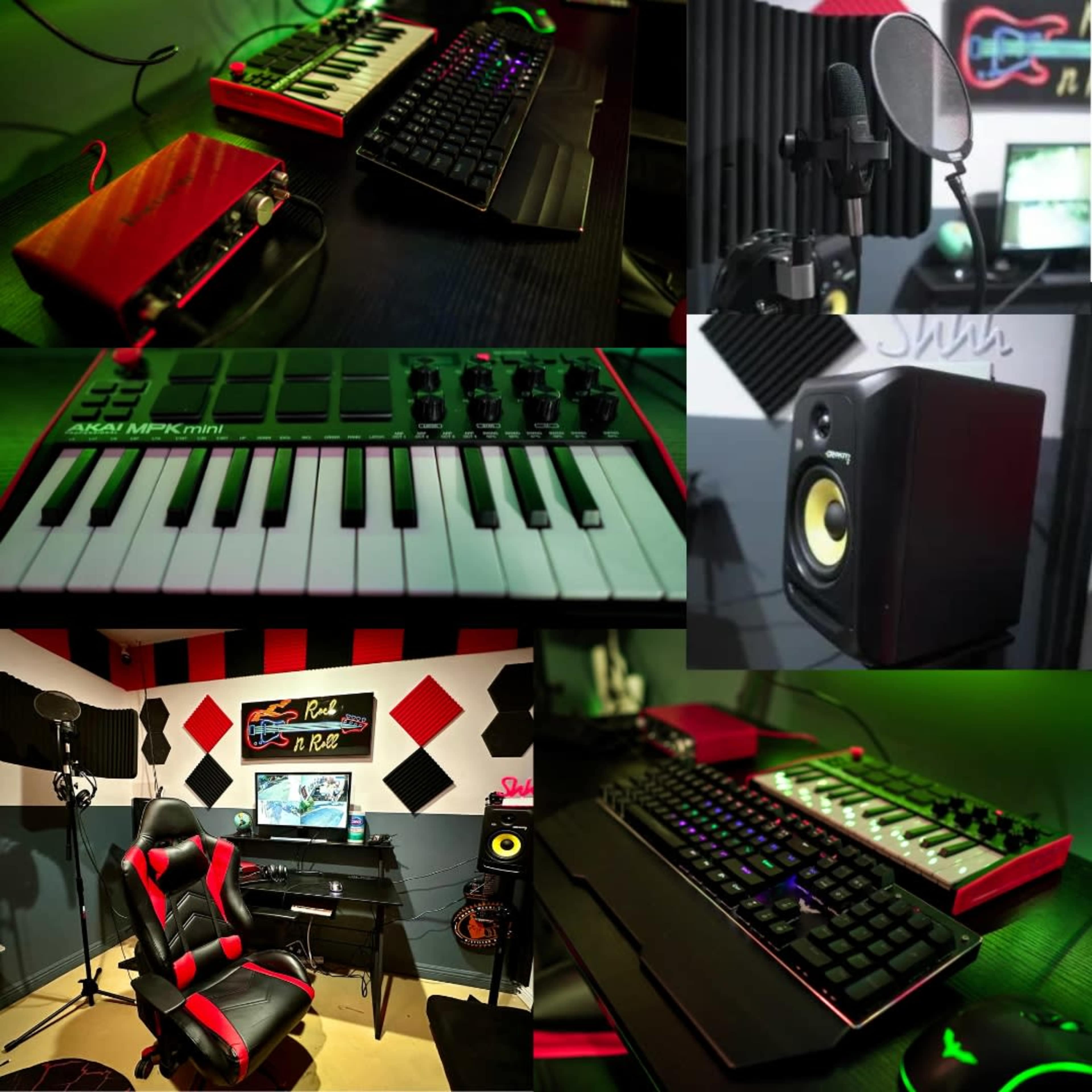 The image showcases a music production workspace featuring a MIDI keyboard, audio interface, microphone, studio monitors, and a gaming chair, all set against a backdrop of soundproofing panels.