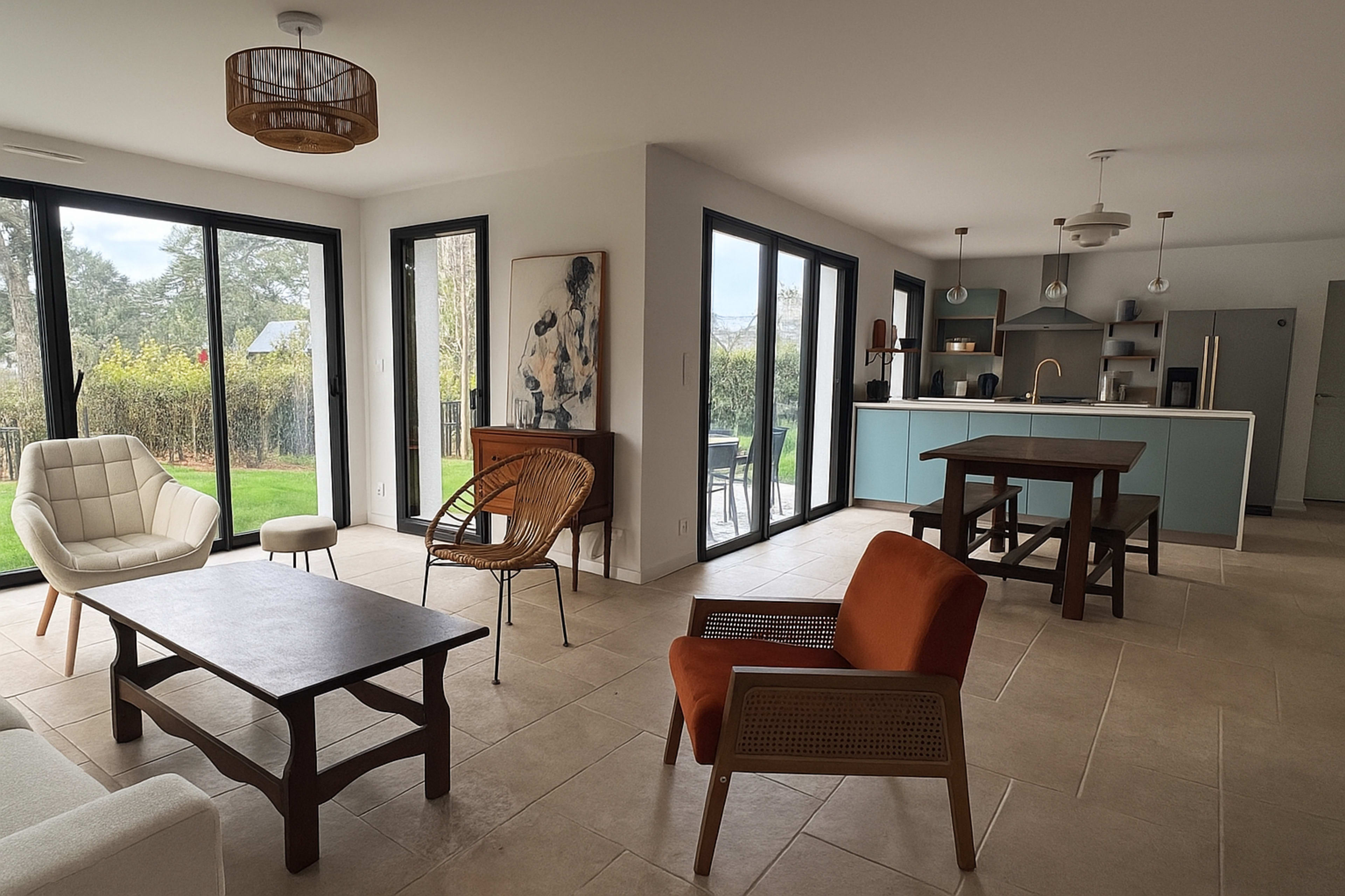 The image shows a modern, open-plan living room and kitchen area with multiple seating arrangements and large windows overlooking a garden.
