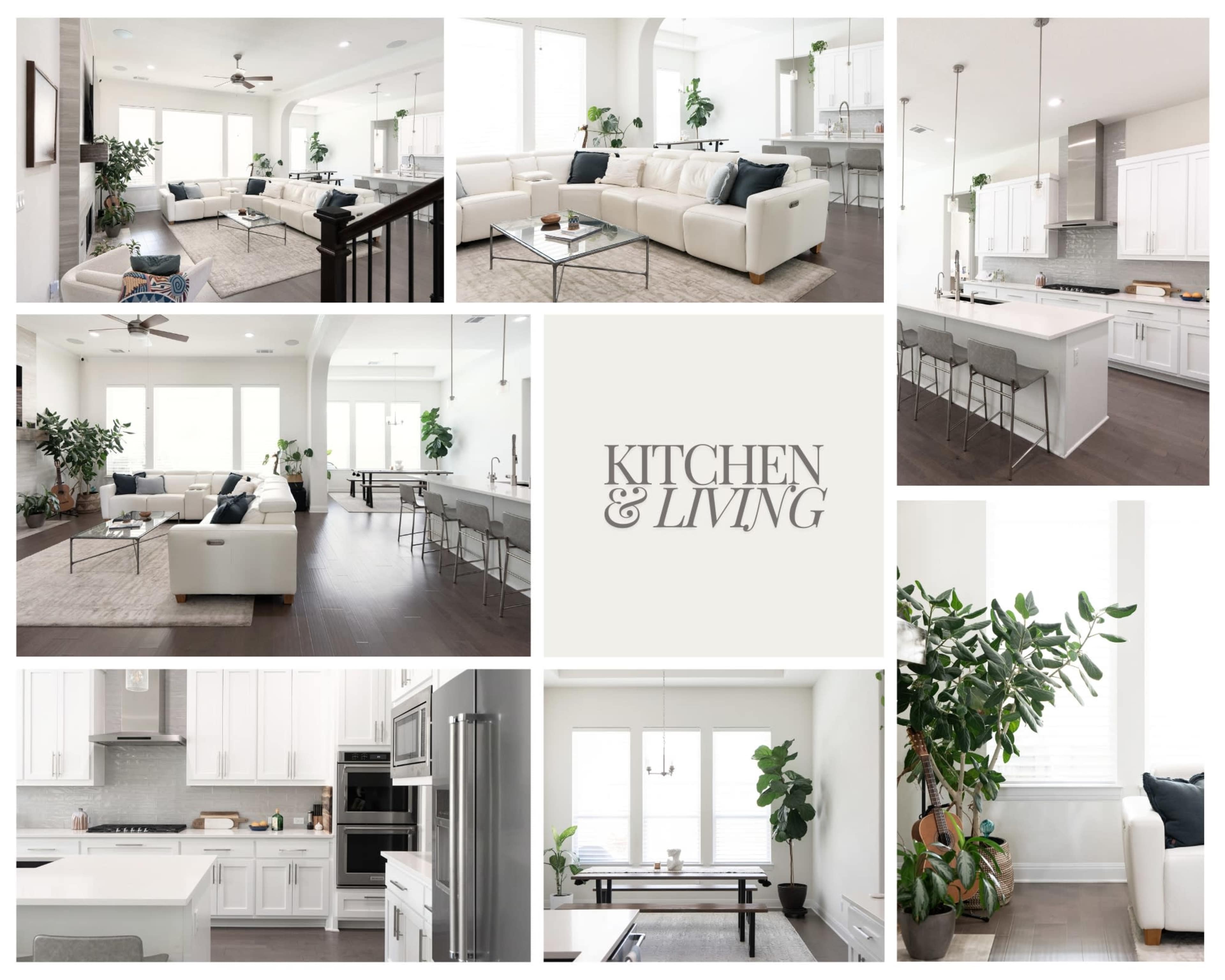 The image features a modern open-concept kitchen and living area with white cabinetry, a large sectional sofa, and several indoor plants.