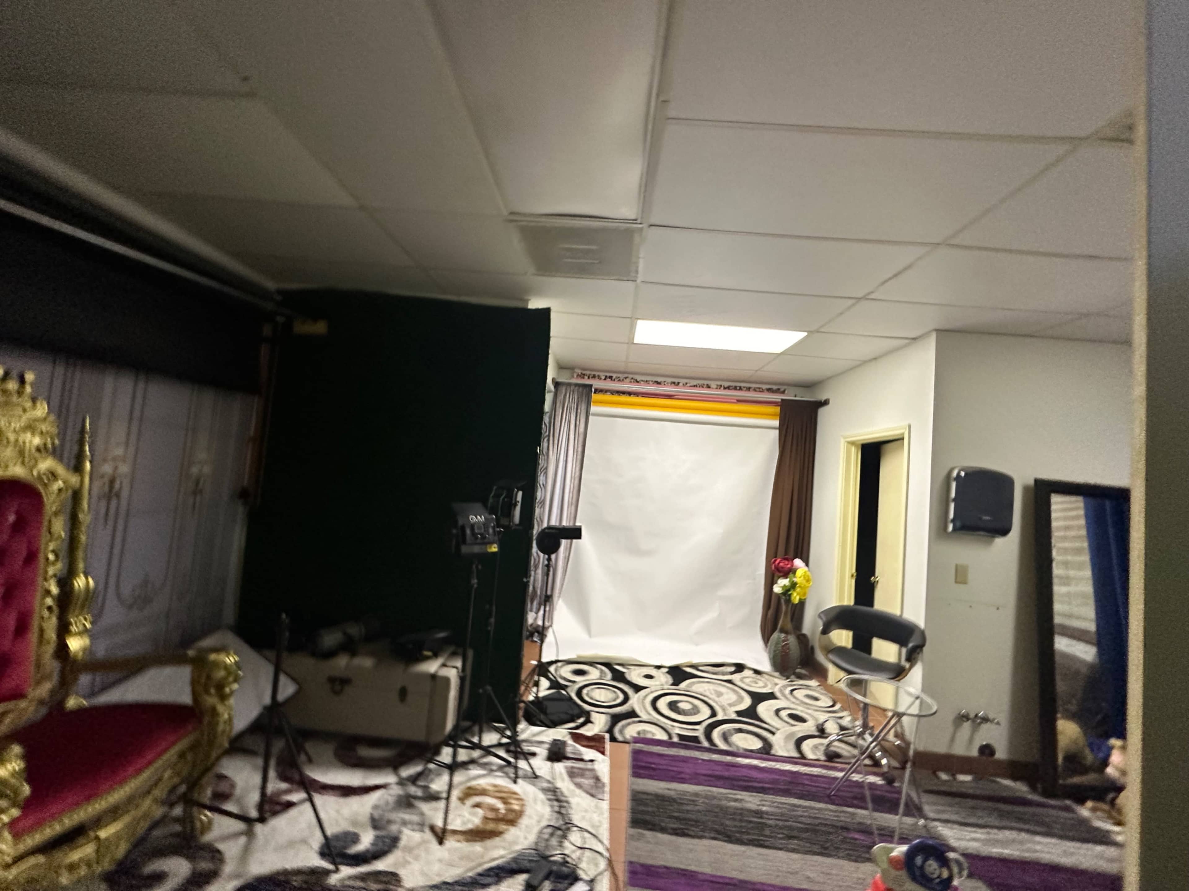 The image shows a photography studio featuring a backdrop, lighting equipment, and an ornate throne chair on a patterned rug.