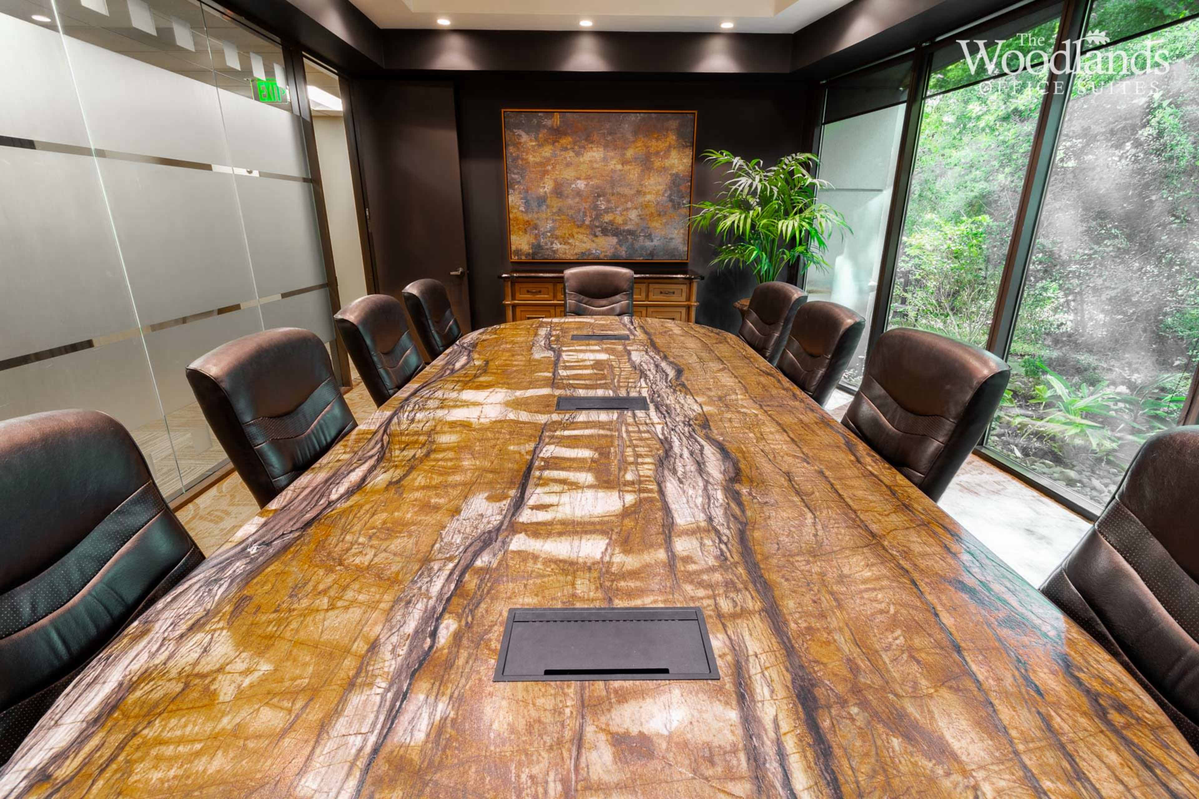 A large conference room features a stylized wooden table surrounded by black leather chairs, with a decorative painting and greenery visible in the background.