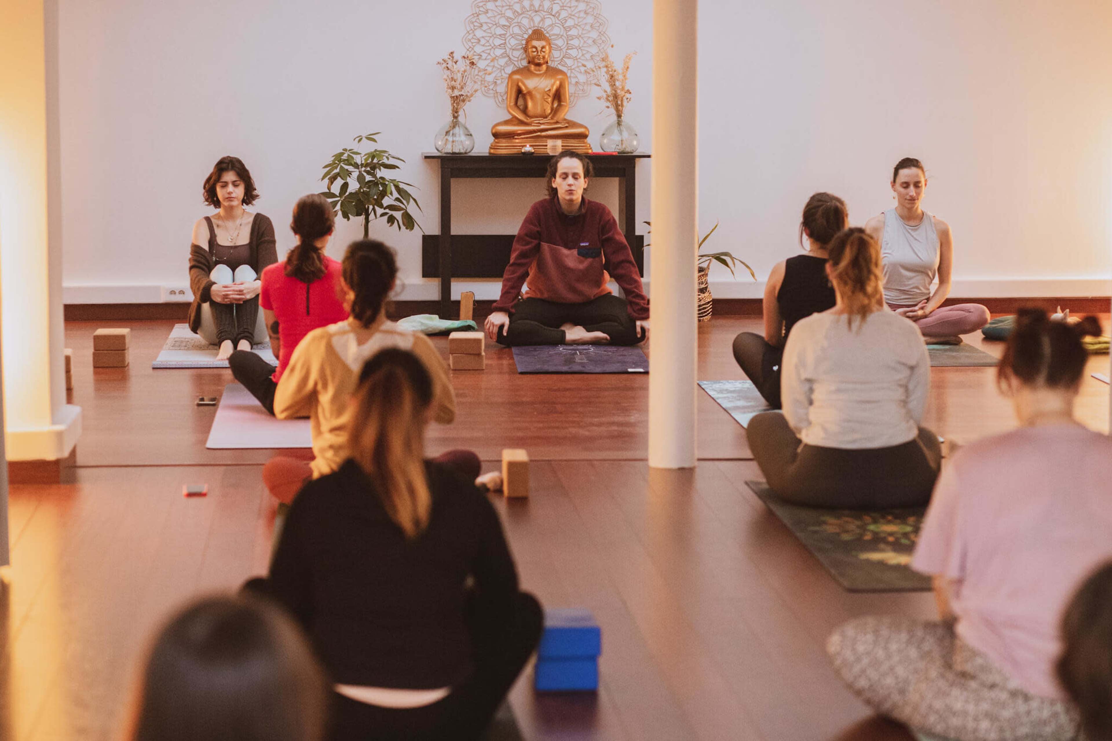 A group of people sits on yoga mats in a peaceful studio, facing a statue of a Buddha surrounded by soft lighting and plants.