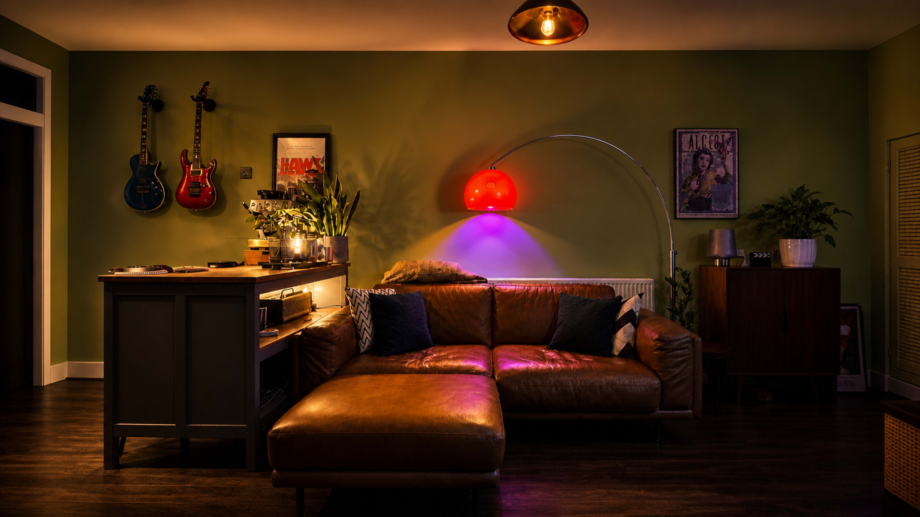 The image shows a cozy living room with a brown leather couch, a floor lamp, a wooden bar counter, and guitars hanging on the wall.